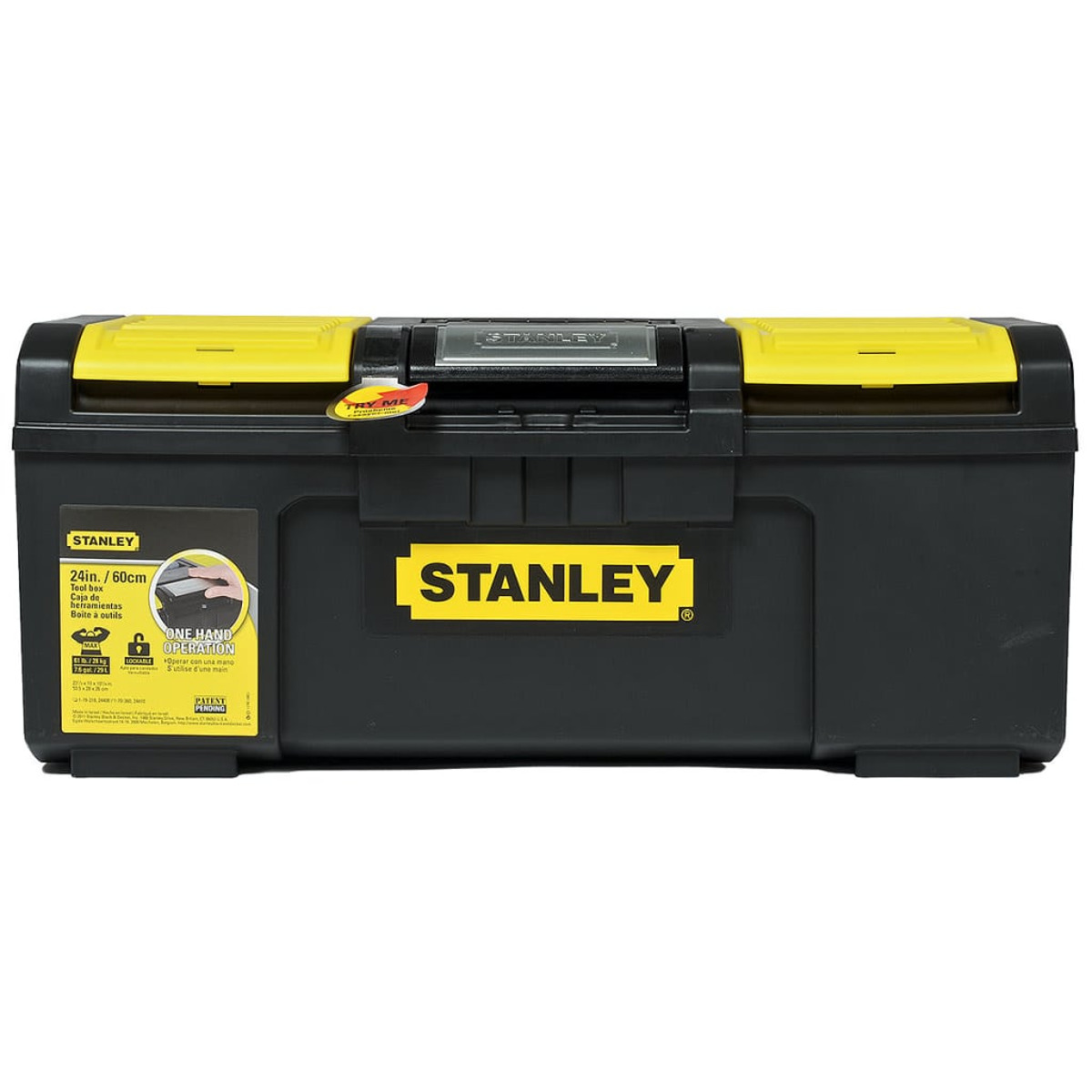 Una caja de herramientas negra y amarilla con el logotipo de Stanley. Está sobre un fondo blanco.