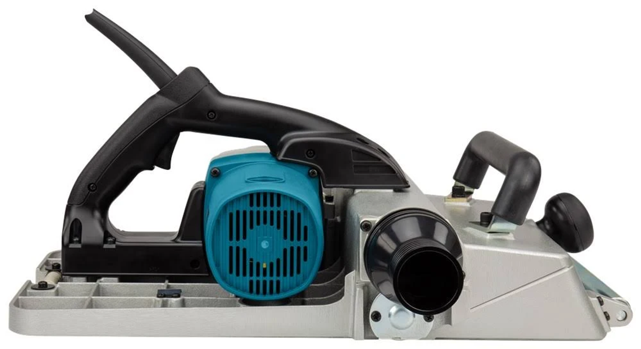 Cepilladora eléctrica Makita. Turquesa y negro con mango y puerto de recolección de polvo negro.