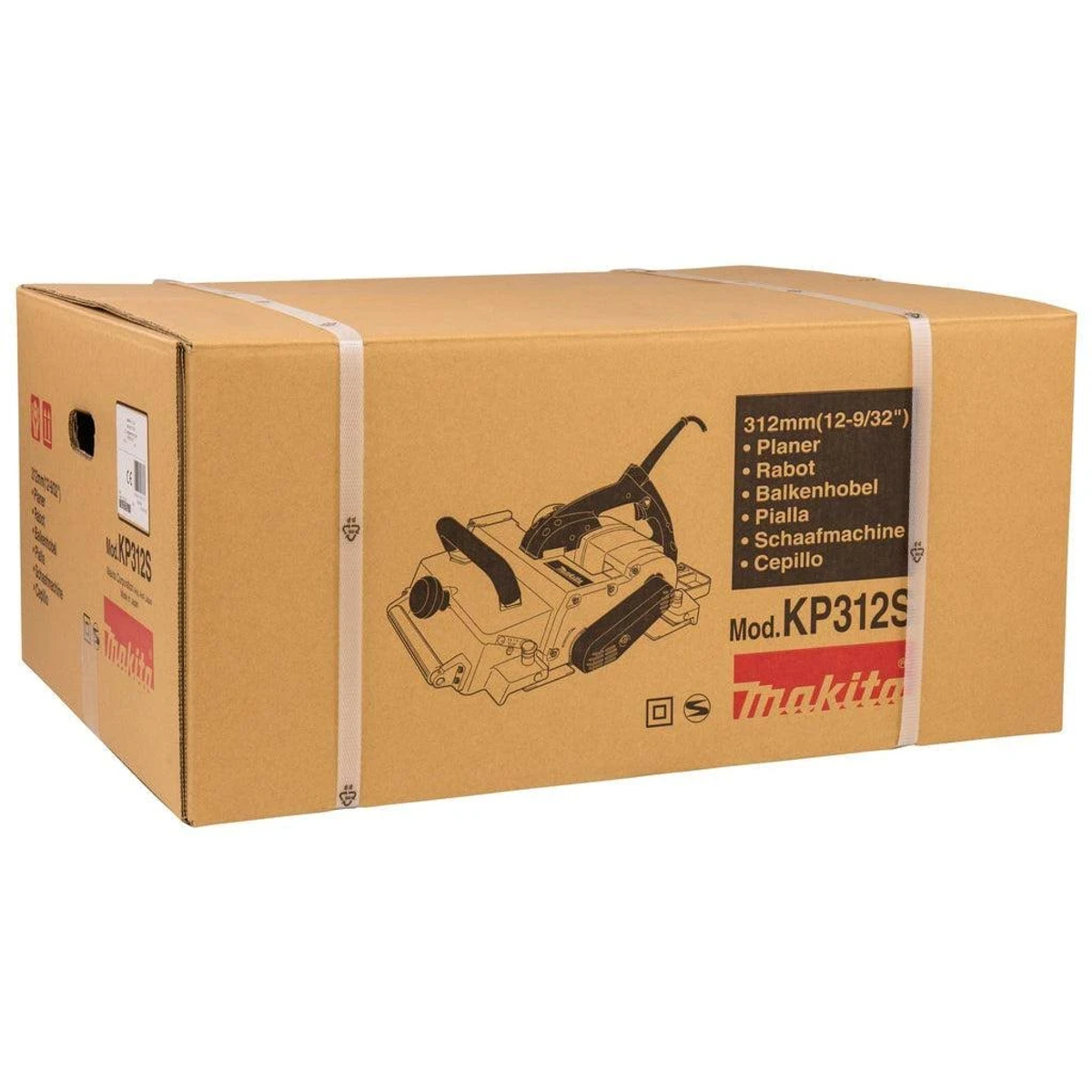 Caja de cartón de una cepilladora Makita. Tiene cinta blanca alrededor.