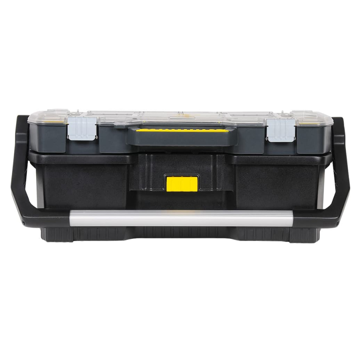Caja de herramientas negra y transparente con asa. Acentos amarillos en el asa y el cierre.
