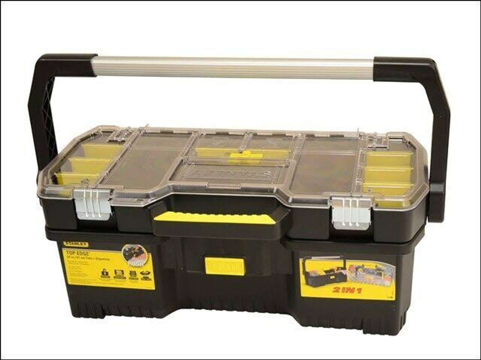 Caja de herramientas negra y amarilla, con compartimentos de tapa transparente, asa arriba, fondo blanco.