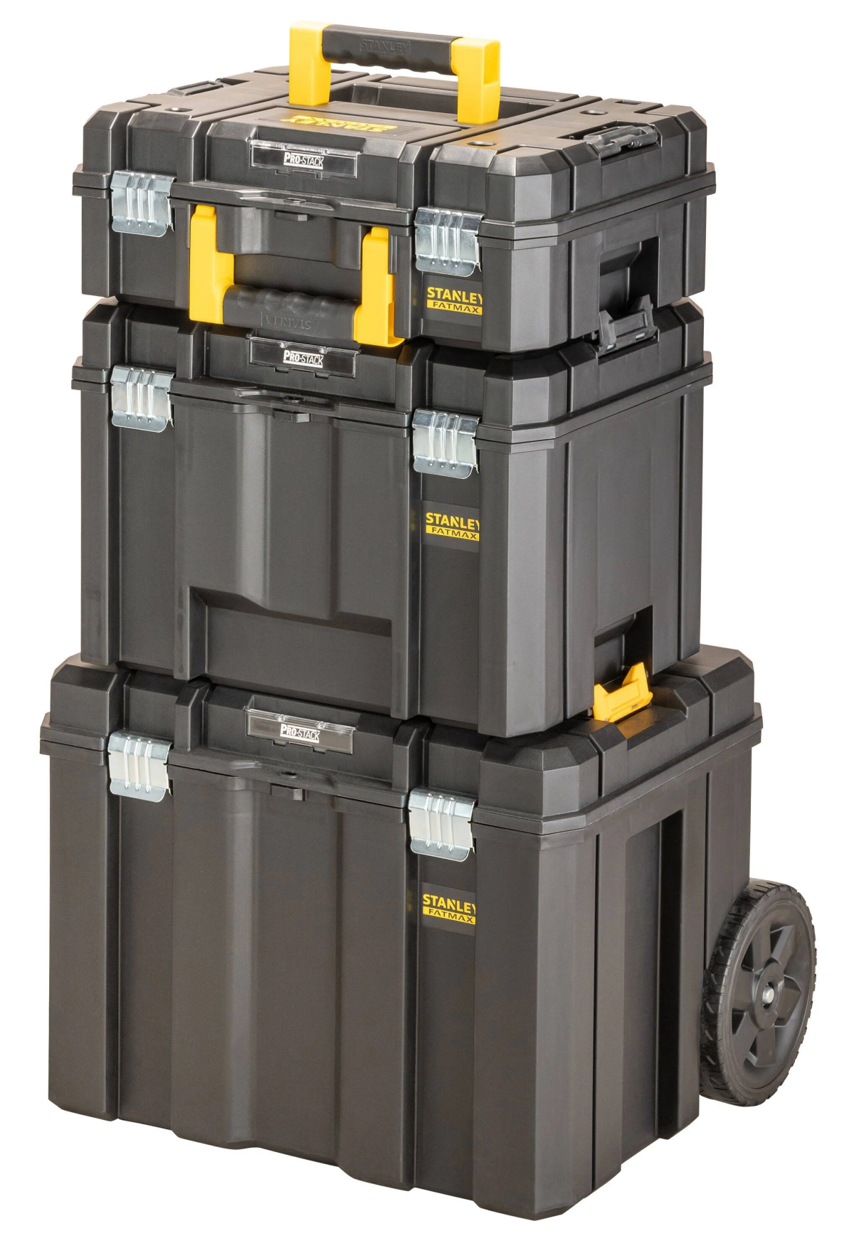 Trzy czarne skrzynki narzędziowe Stanley ułożone w stos. Widoczne żółte uchwyty i zatrzaski.