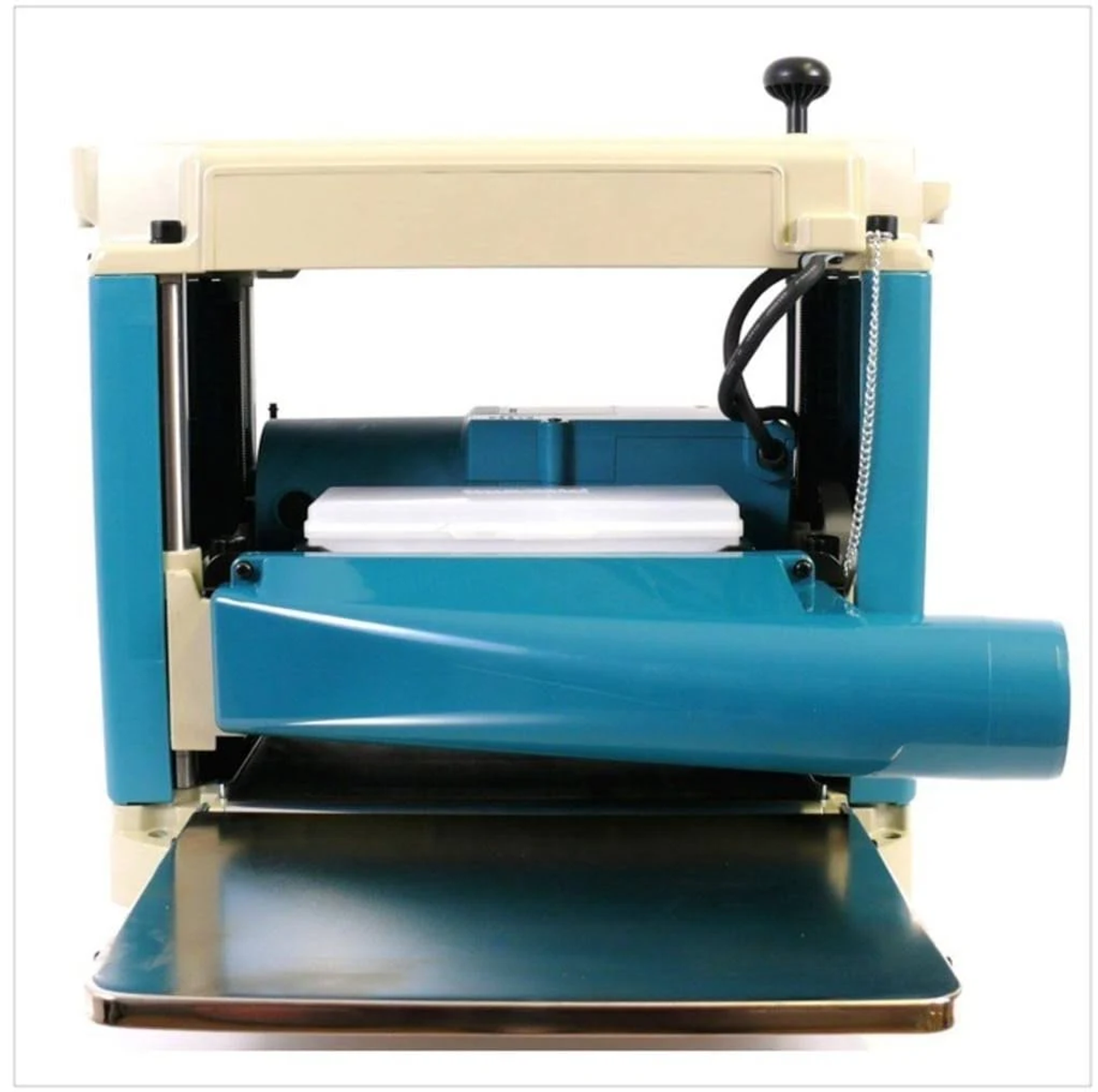 Una pialla per legno blu e beige con una base in metallo lucido.