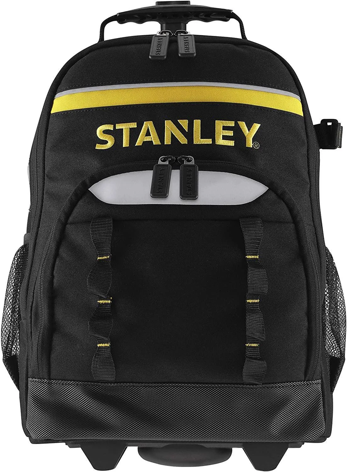 Mochila rodante STANLEY negra. Raya amarilla, texto STANLEY. Ruedas visibles.