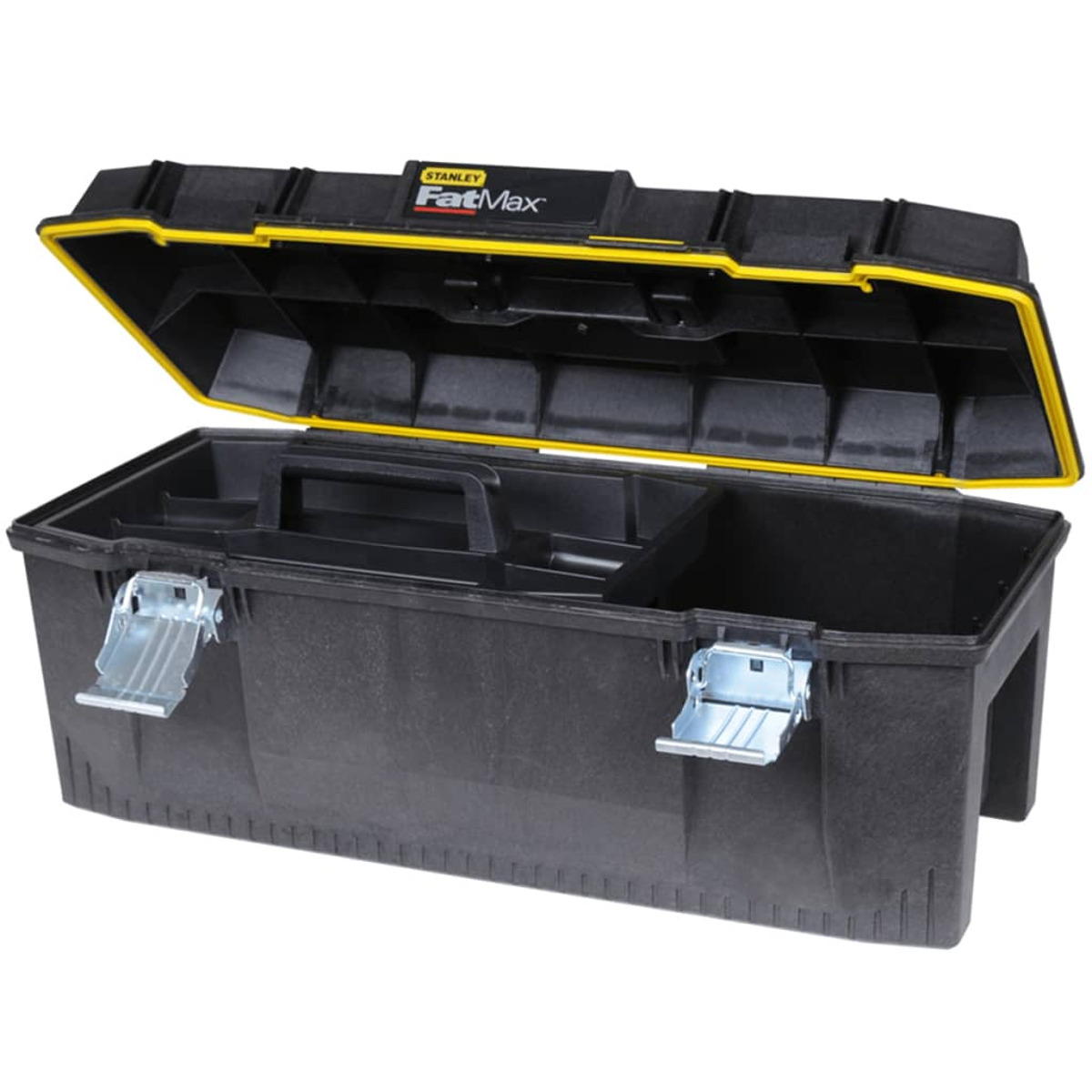 Una caja de herramientas Stanley FatMax negra con ribete amarillo está abierta. El interior está vacío.