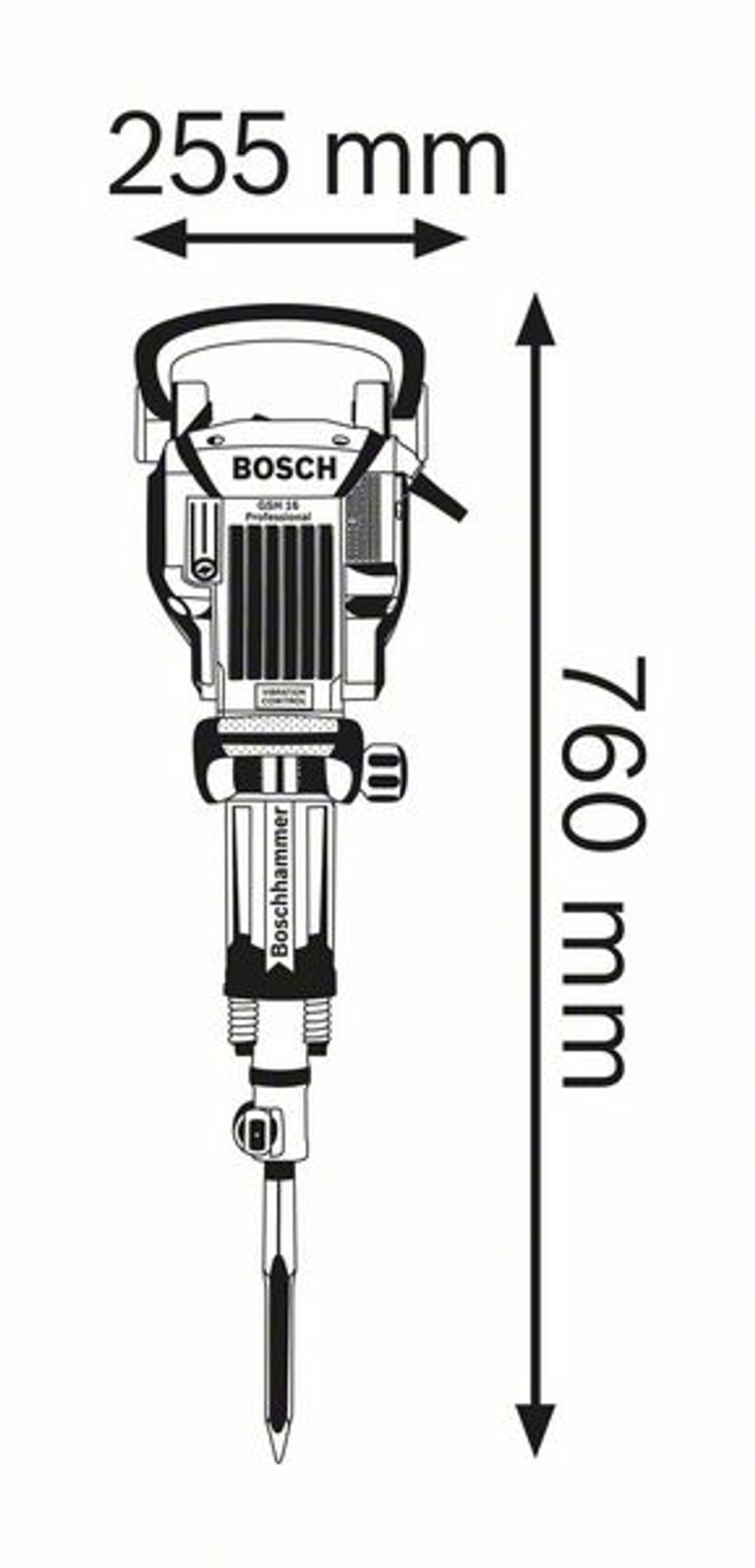 Diagrama de un martillo perforador Bosch, mostrando dimensiones: 255 mm de ancho, 760 mm de largo, con flechas negras.