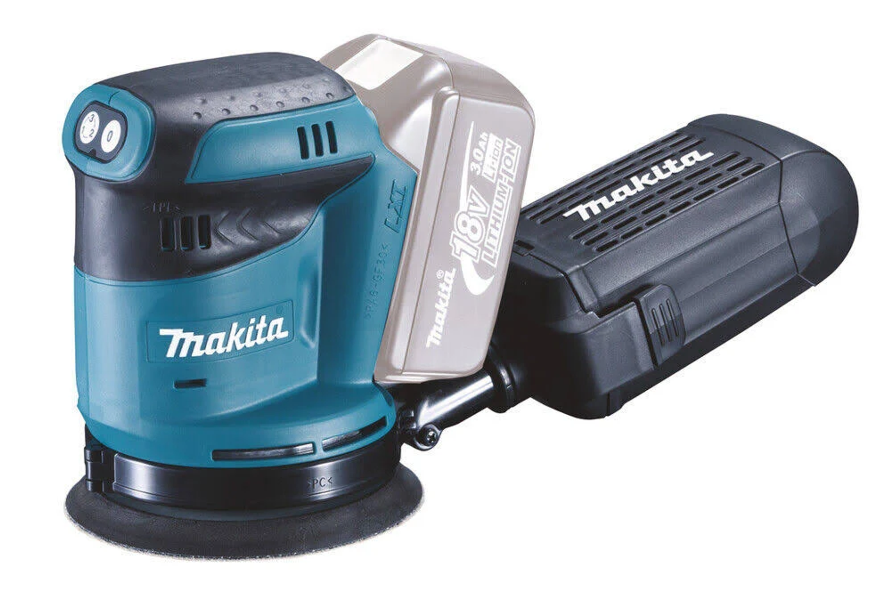 Lijadora Makita, turquesa y negro, con batería.