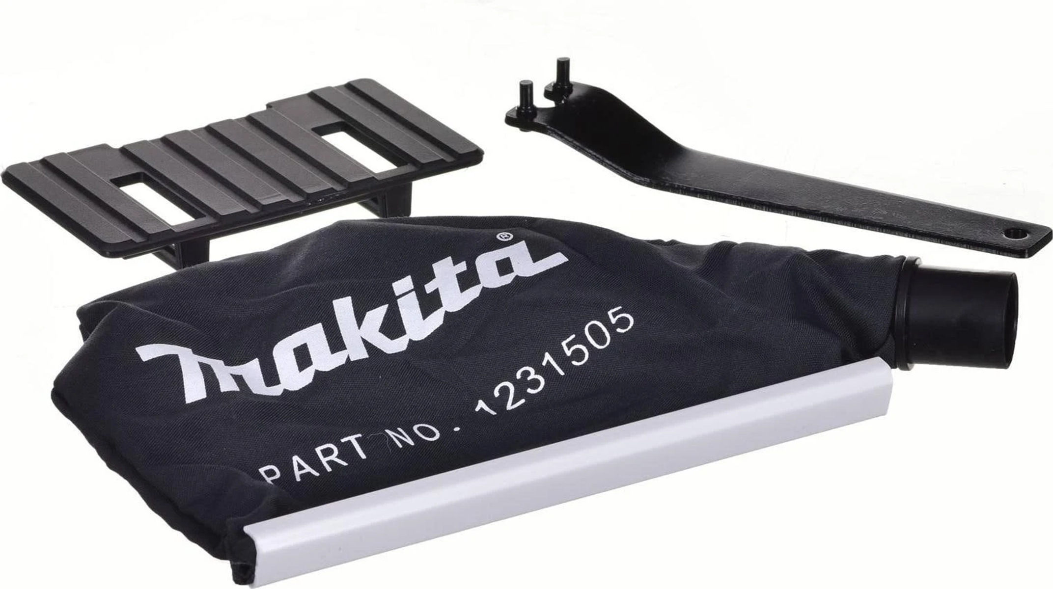 Akcesoria do narzędzi: czarny worek na pył, płyta i klucz, wszystkie z etykietą Makita.
