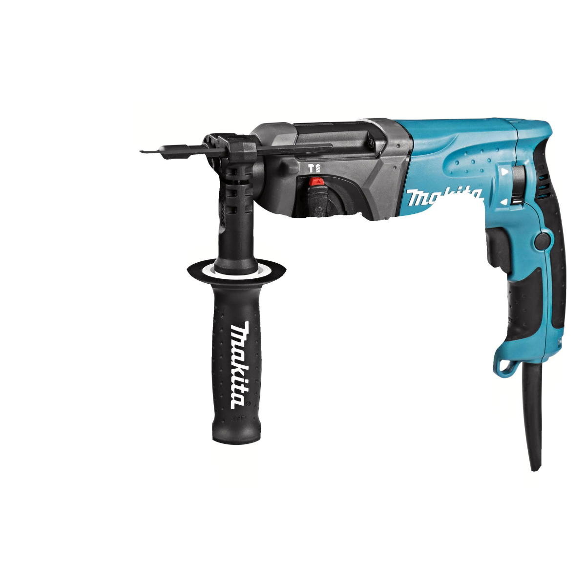 Un martillo rotativo Makita azul y negro, con un mango lateral, aislado sobre blanco.