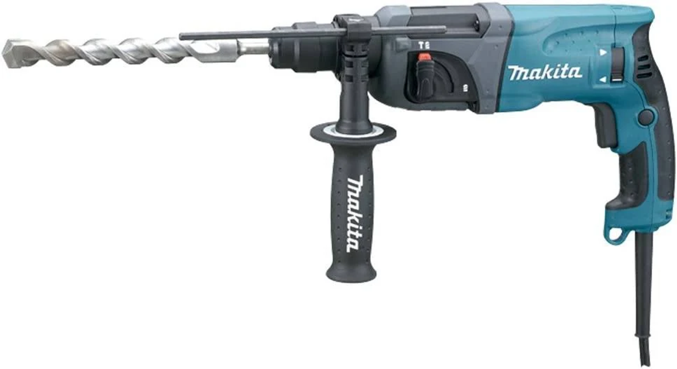 Taladro Makita azul y gris con broca larga, sobre fondo blanco.
