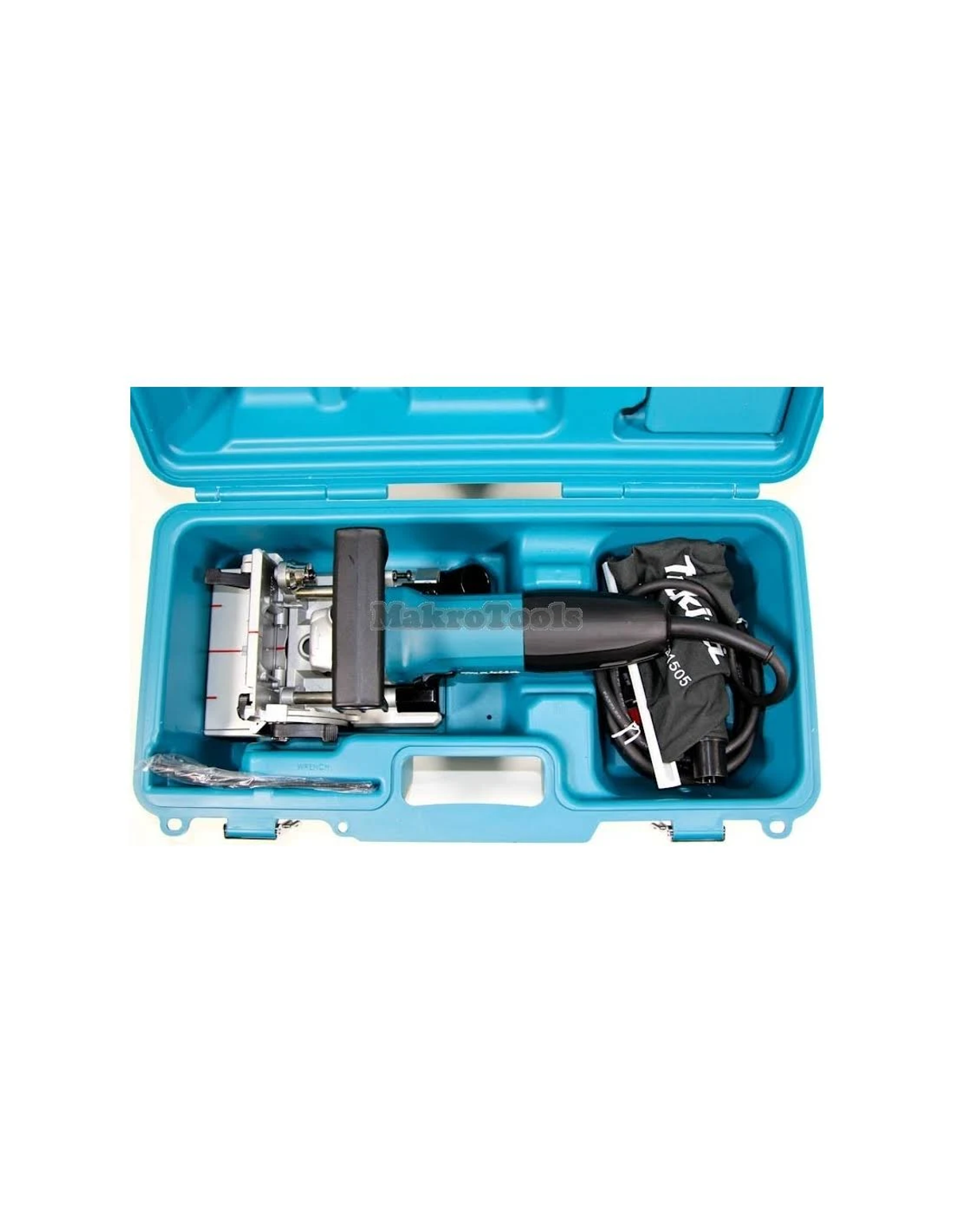 Fresatrice Makita in una custodia turchese, aperta, con accessori all'interno, su sfondo bianco.