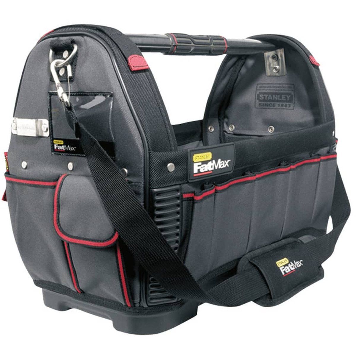 Una borsa porta attrezzi Stanley FatMax nera con dettagli rossi e tracolla.