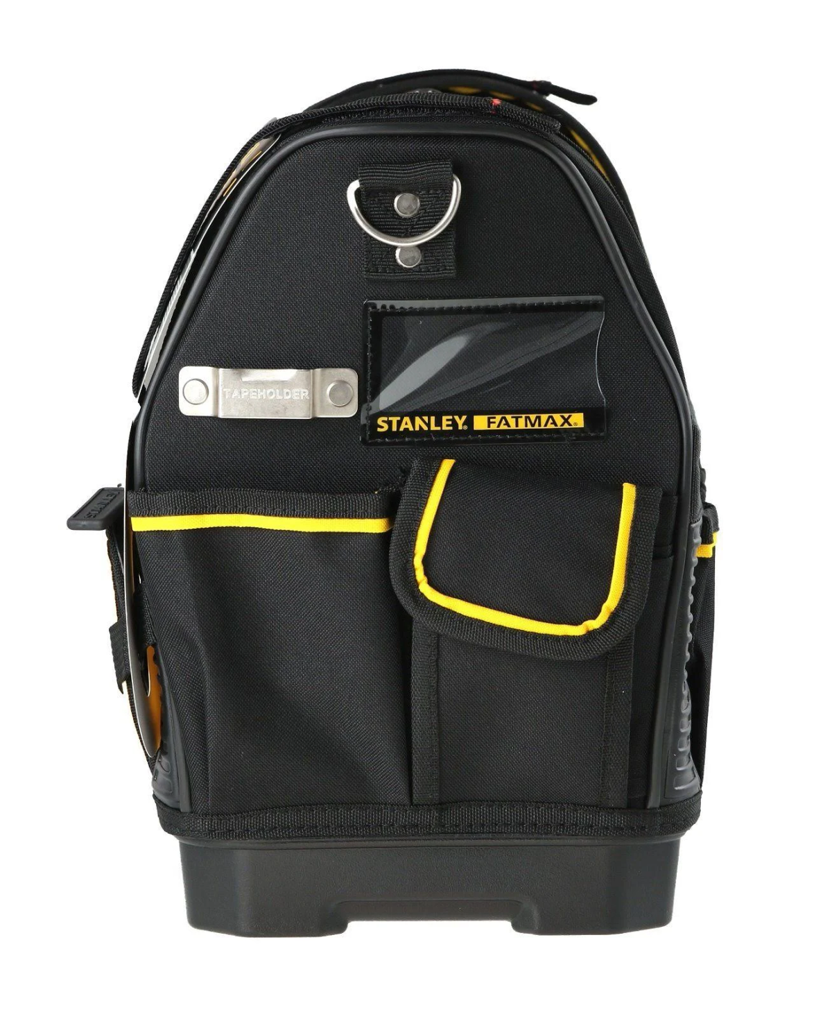 Borsa attrezzi nera con dettagli gialli, etichetta 'STANLEY FATMAX'.