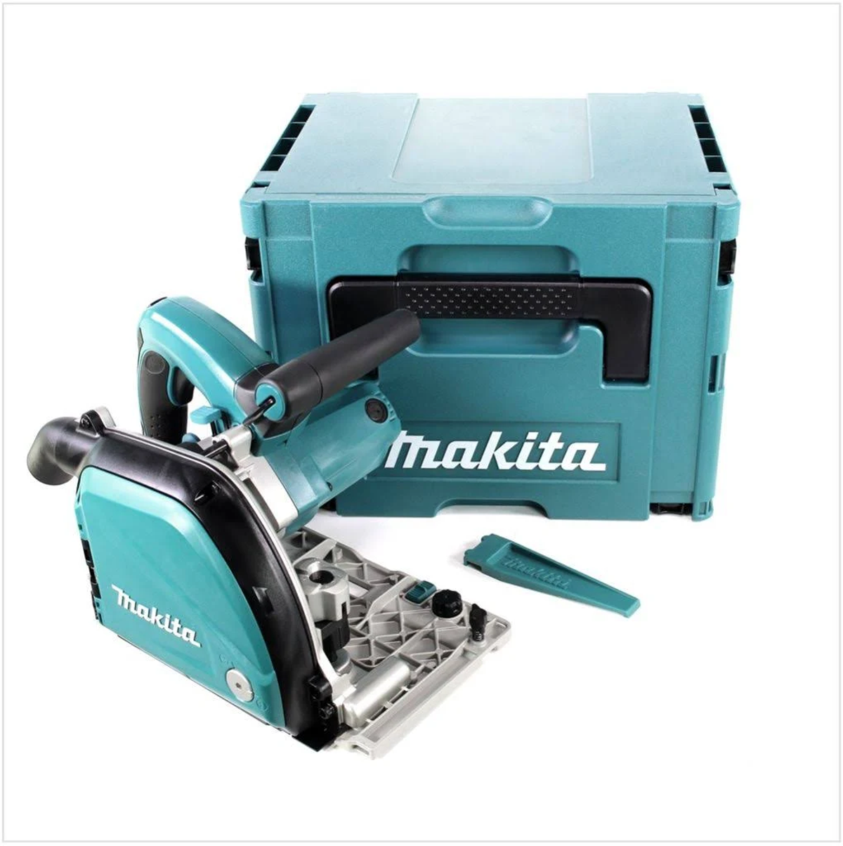 Sega circolare e valigetta Makita, verde acqua, su sfondo bianco.