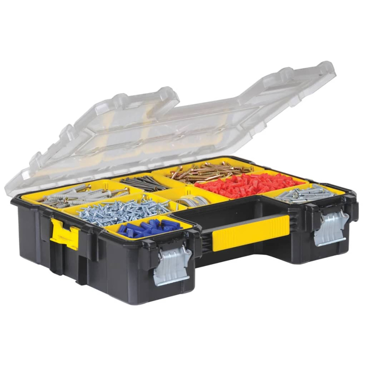 Una caja de herramientas negra y amarilla con compartimentos. Tapa transparente con objetos dentro.