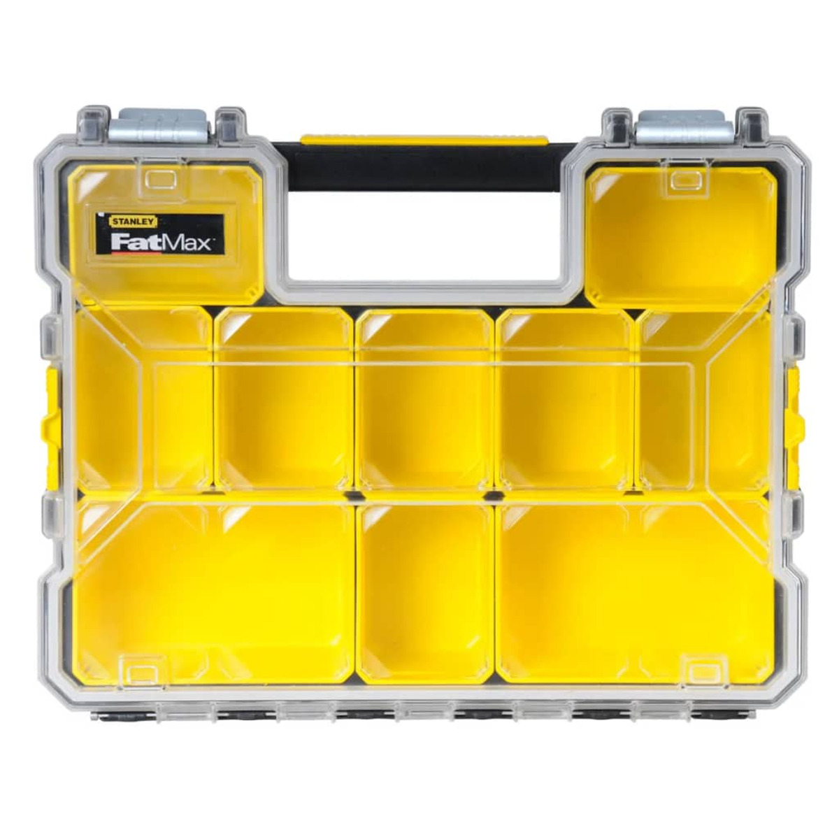 Un organizador de herramientas Stanley FatMax amarillo con compartimentos transparentes y un asa negra sobre fondo blanco.