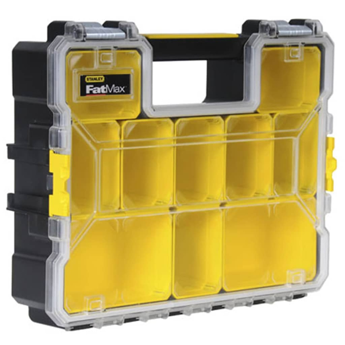 Caja de herramientas con compartimentos amarillos y tapa transparente. Tiene el logotipo de Stanley FatMax. Contiene compartimentos.