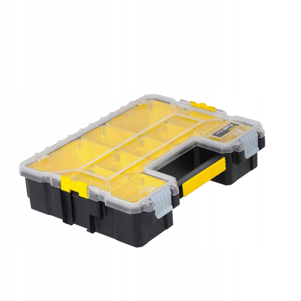 Caja de almacenamiento amarilla y negra con tapa transparente. Secciones internas, tapa plástica transparente, asa negra.