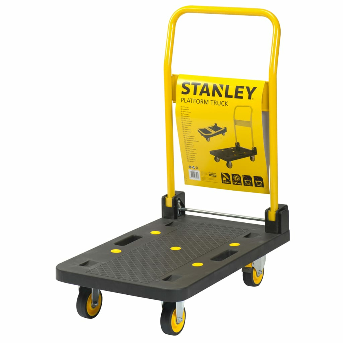 Beyaz zemin üzerinde Stanley platform kamyonu, siyah platform, sarı çerçeve ve tutamak.