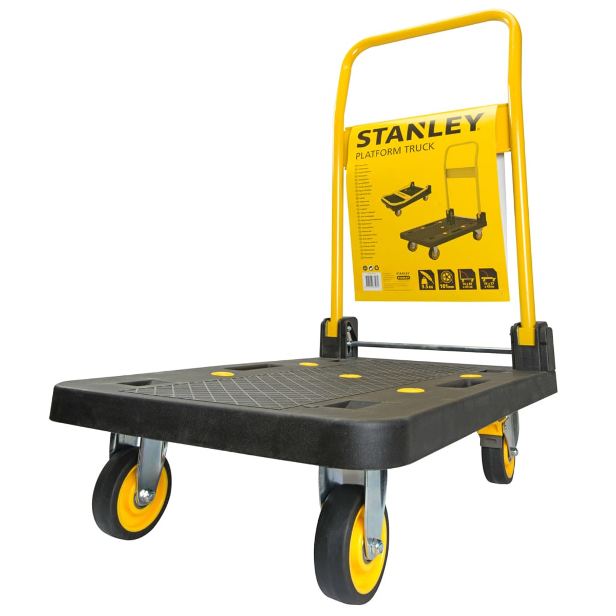 Stanley platform kamyonu. Siyah tekerlekli siyah platform ve sarı jantlar. Tabelalı sarı tutamak.
