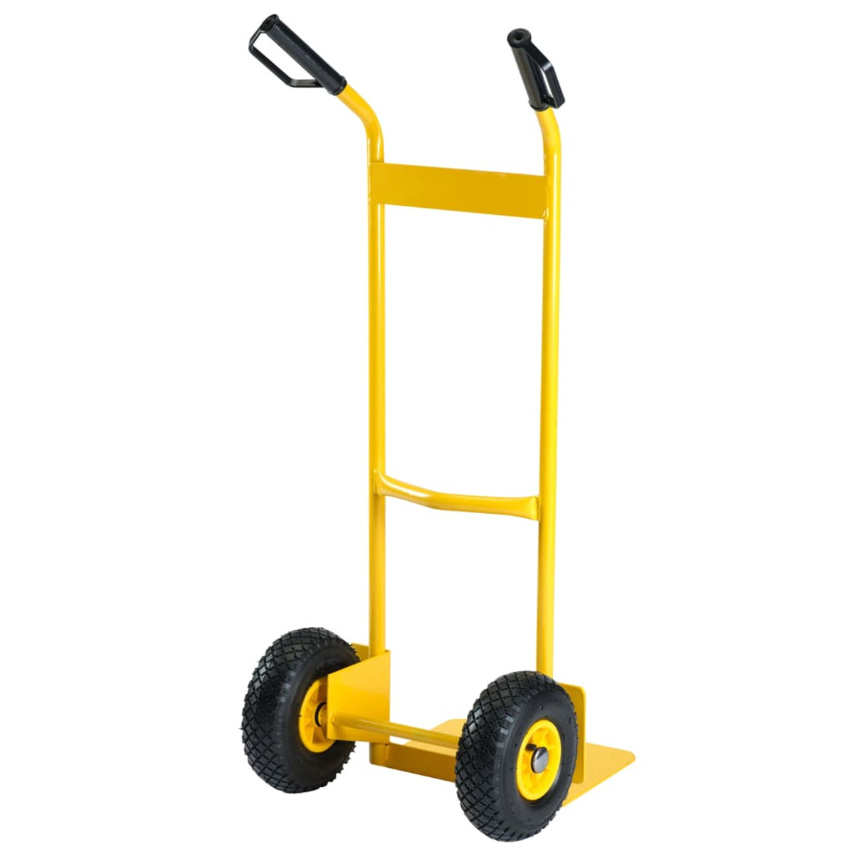 Un carrello a mano giallo con due pneumatici grandi e una maniglia curva. È su sfondo bianco.