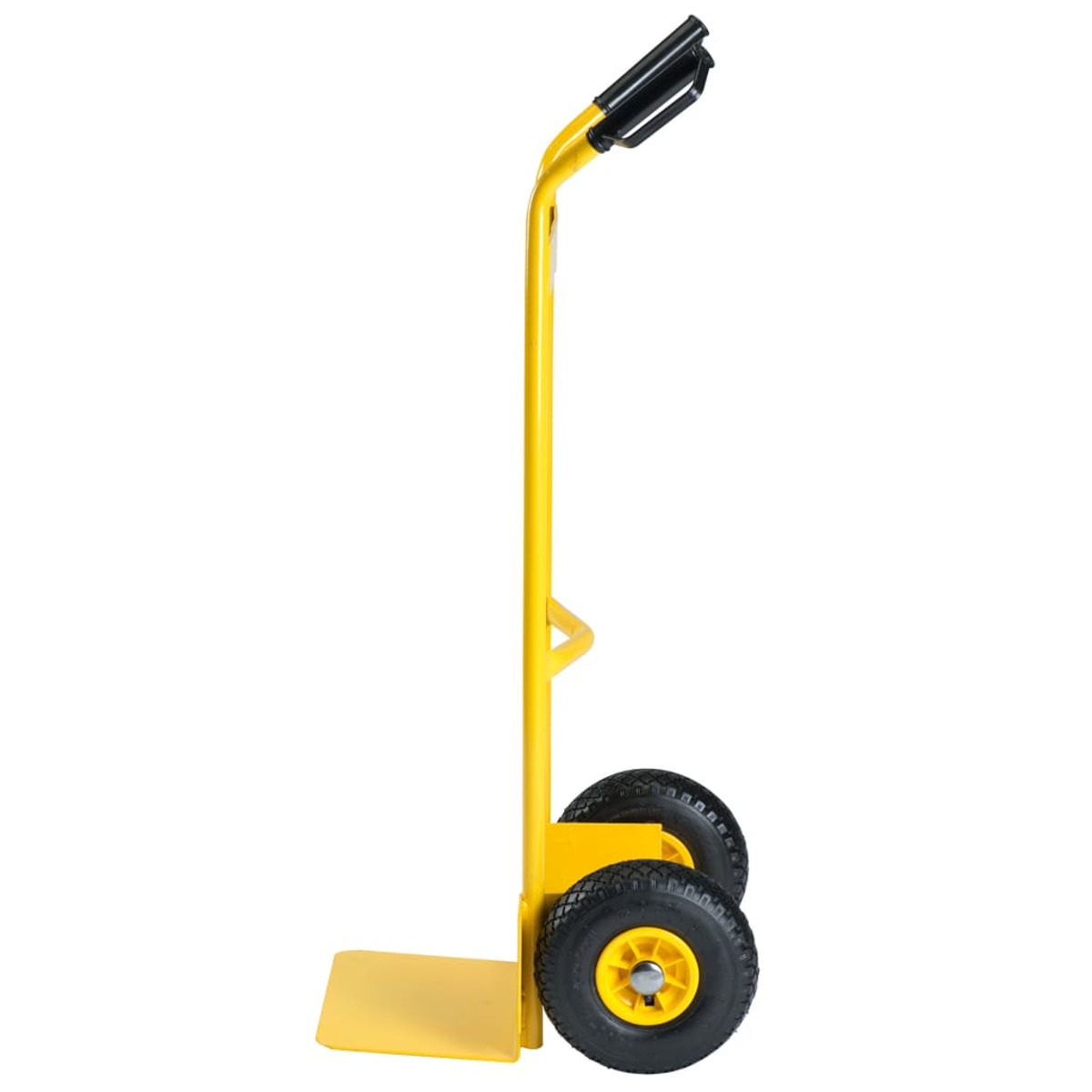 Un carrello giallo con maniglie e ruote nere, su sfondo bianco.