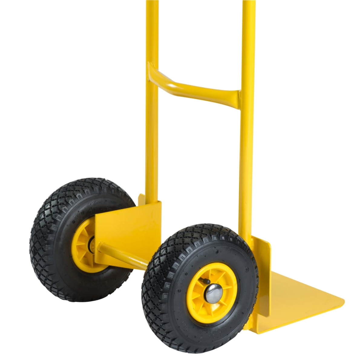 Carrello giallo con pneumatici neri e piattaforma gialla.