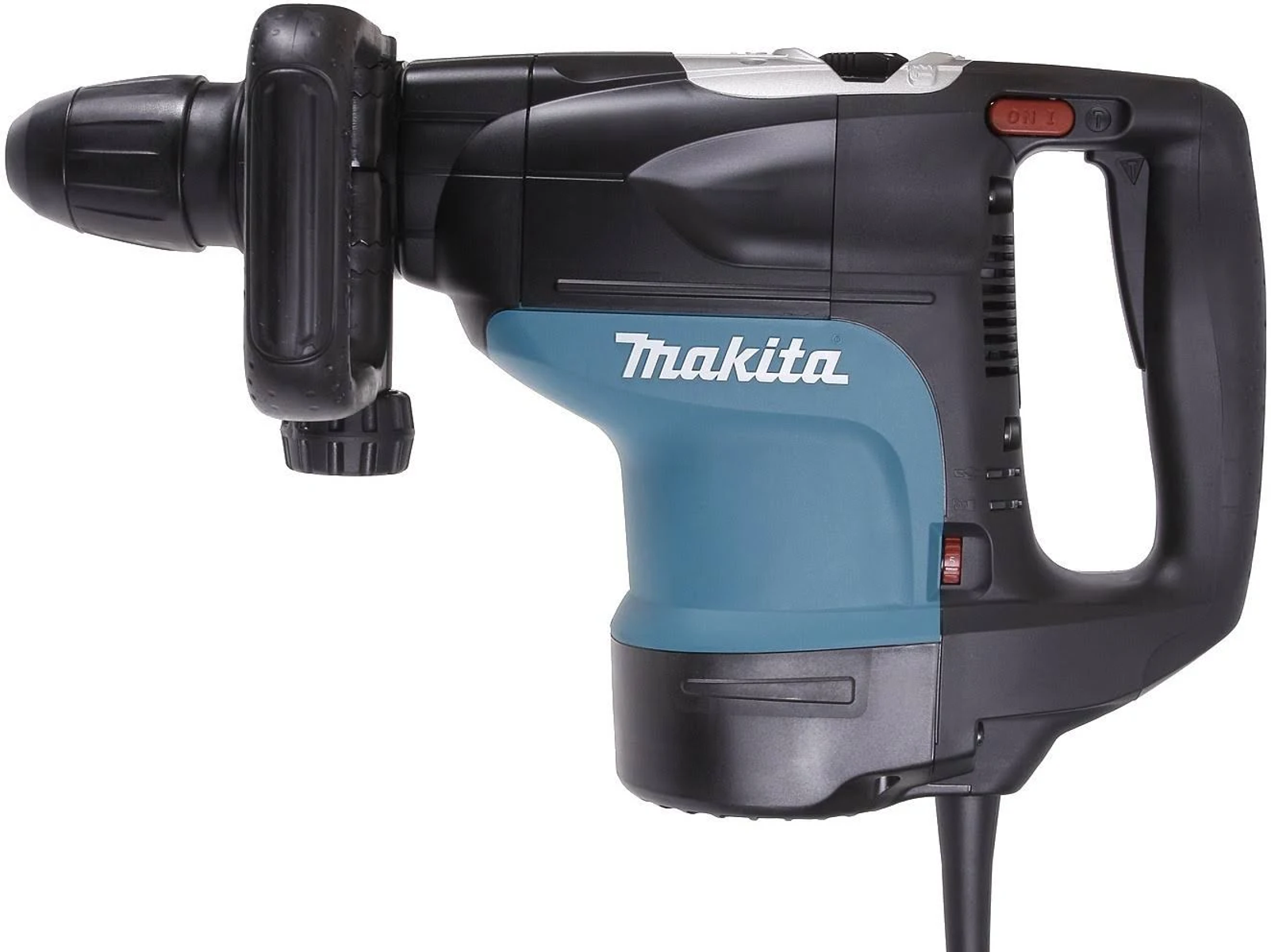 Martillo perforador Makita negro y turquesa. Fondo blanco.
