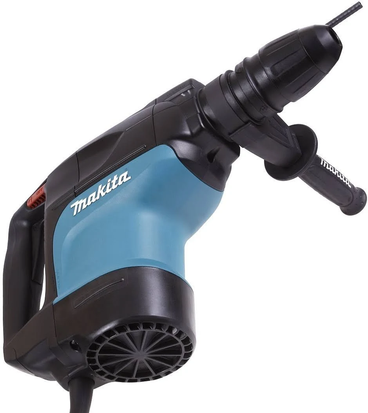 Taladro percutor rotativo Makita turquesa y negro con mango y cable negros.
