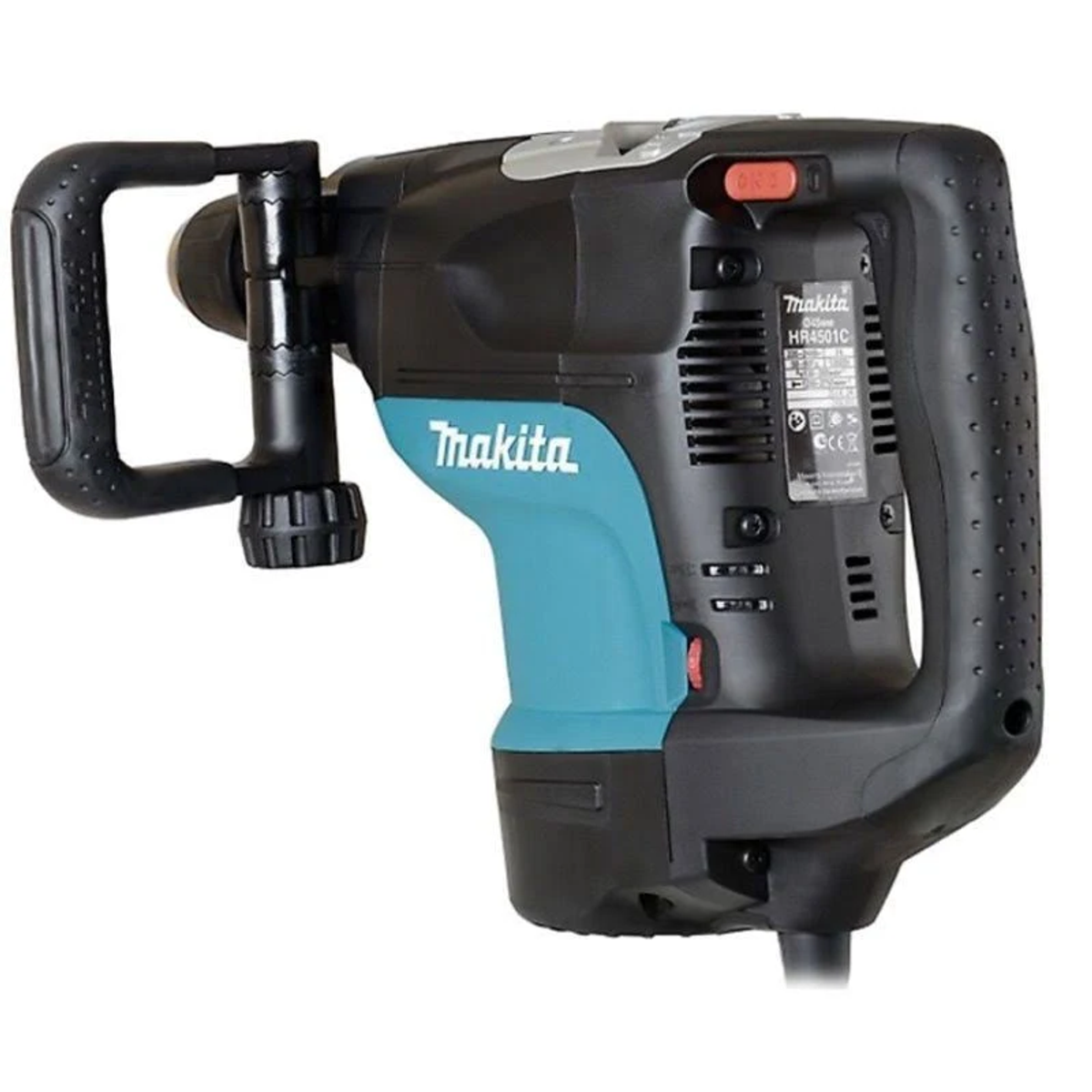 Un martillo perforador Makita negro y verde azulado con mango lateral y botón rojo.