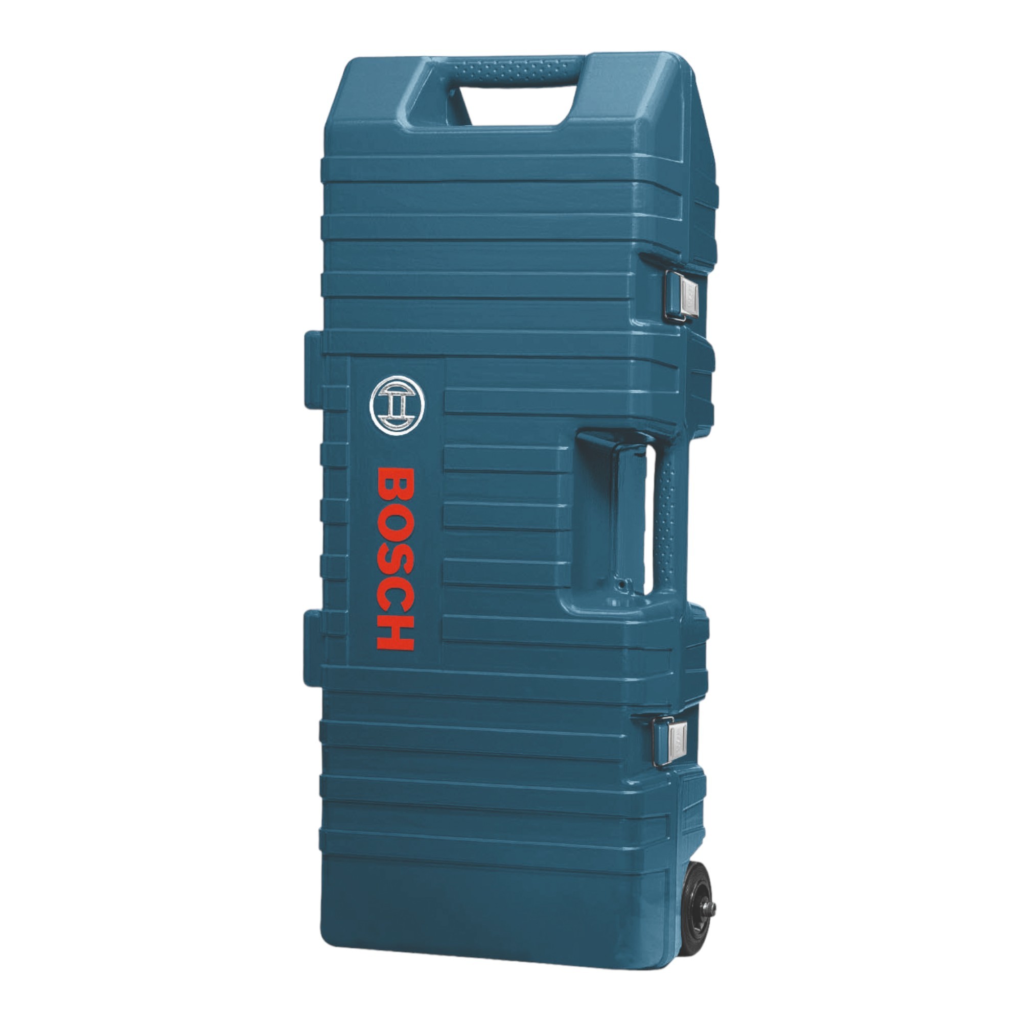 Niebieska walizka na narzędzia Bosch. Czerwony napis BOSCH. Czarne koła i uchwyt. Obraz pionowy.