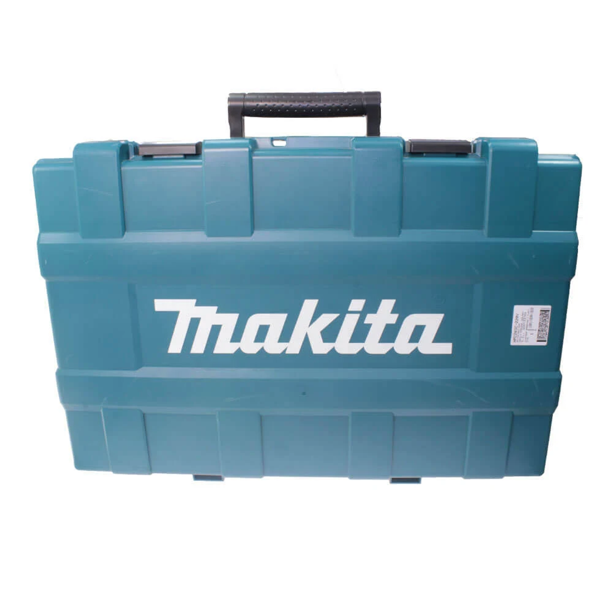 Turkusowa skrzynka narzędziowa Makita z czarnym uchwytem. Logo Makita jest białe na przodzie skrzynki.