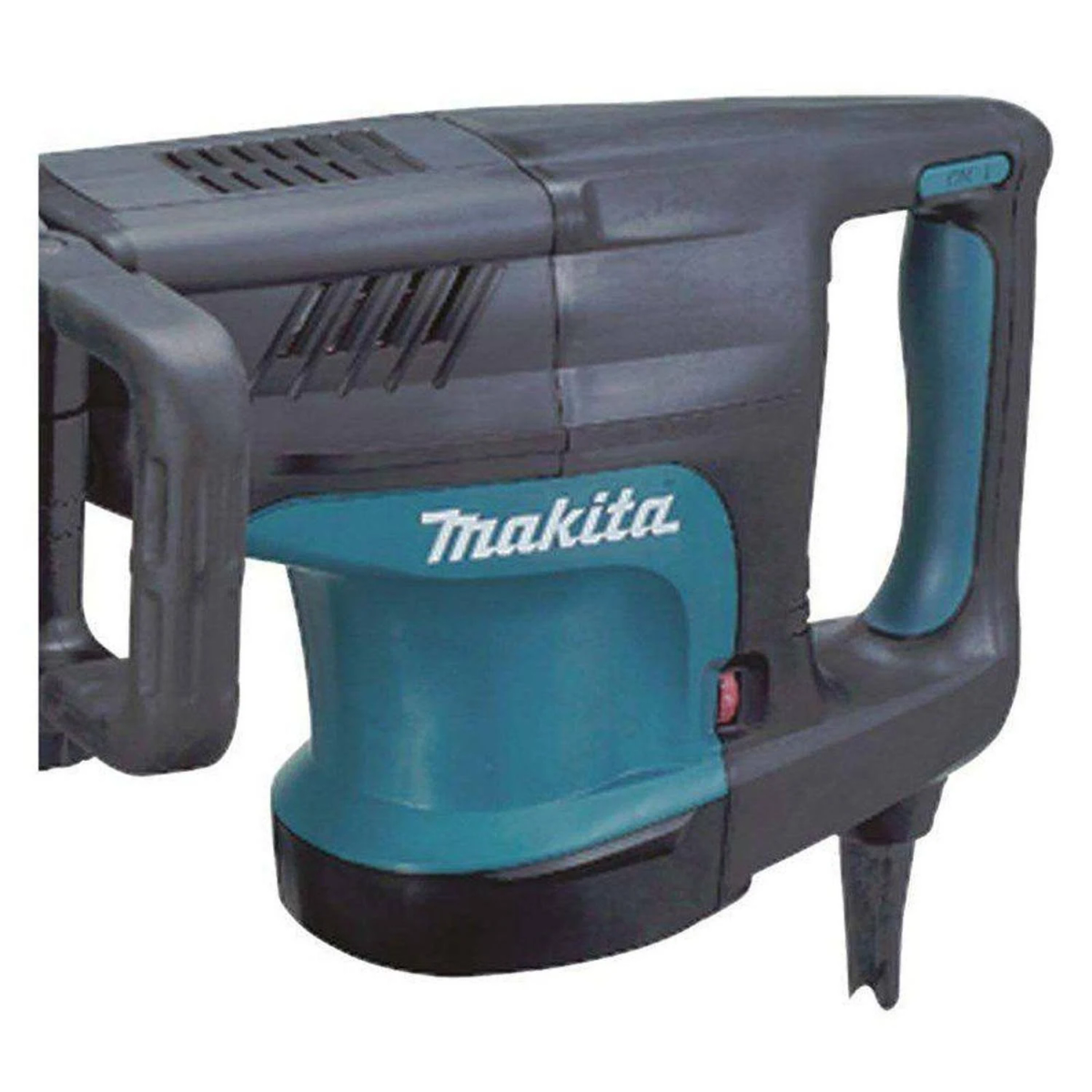 Turkusowo-czarny młot udarowy Makita, widok z boku, widoczny uchwyt.