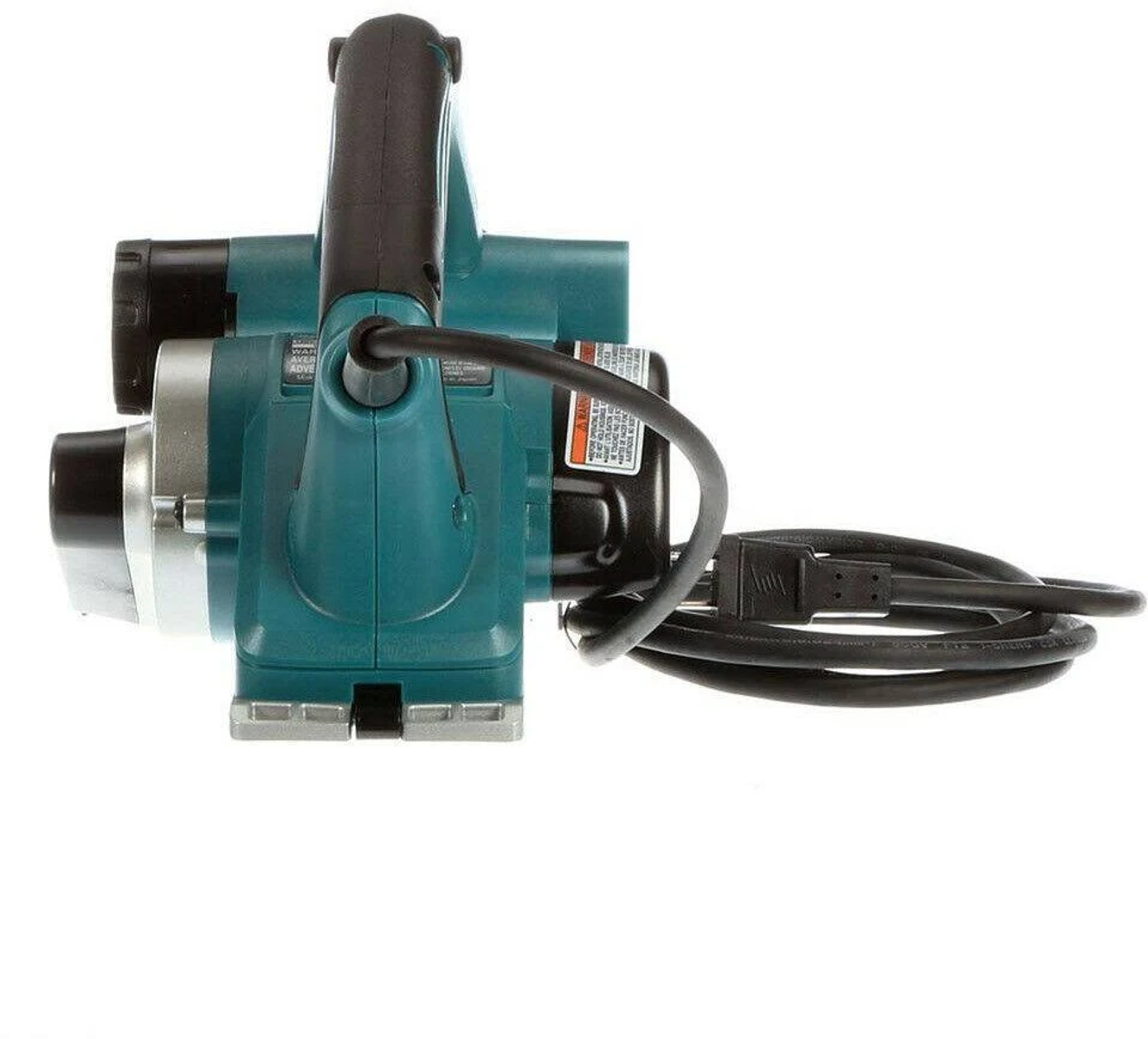 Vista superior de cepilladora Makita turquesa con mango negro y cable de alimentación.