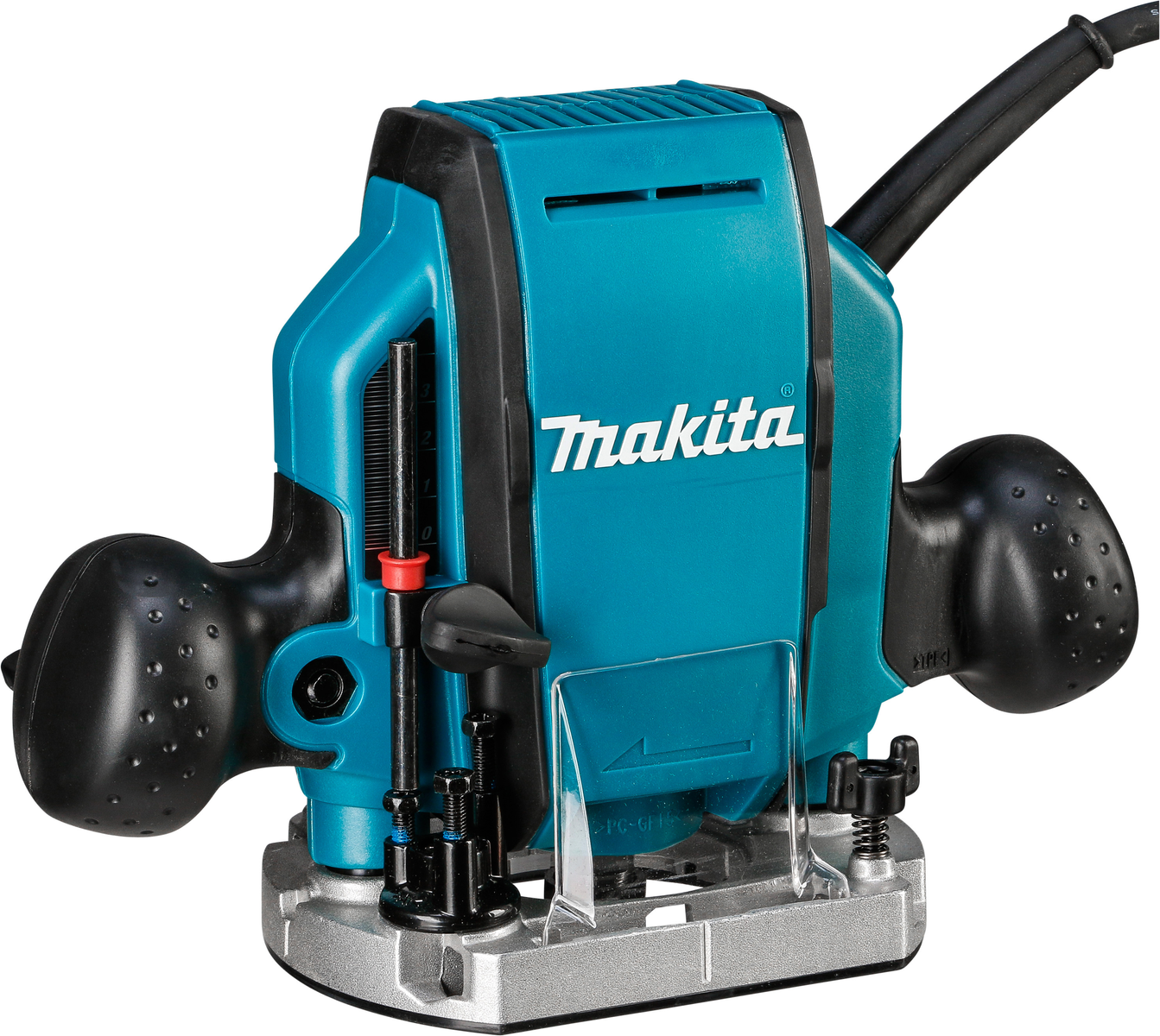 Un router Makita turchese. L'utensile ha una base nera e un cavo di alimentazione nero.