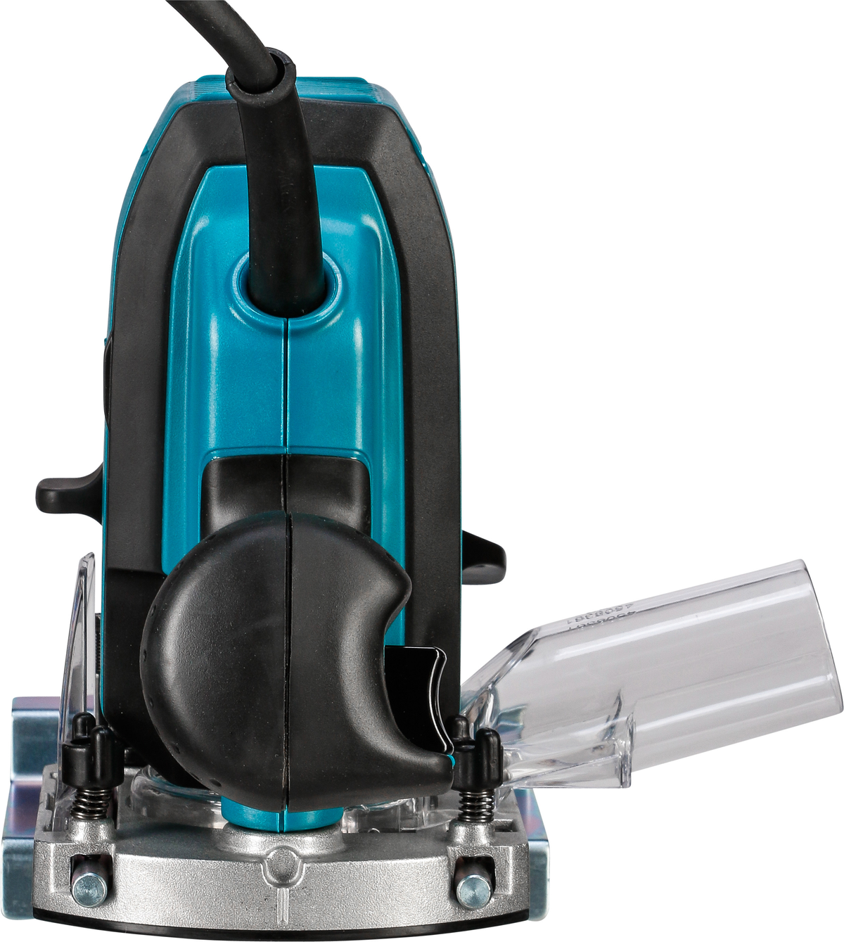 Fresatrice Makita turchese e nera con protezione in plastica trasparente e manico nero.
