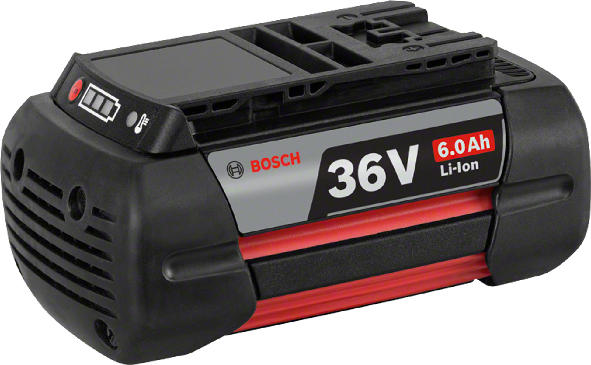 Siyah ve kırmızı Bosch 36V 6.0Ah Li-ion pil. Pil, şarj seviyesini gösterir.