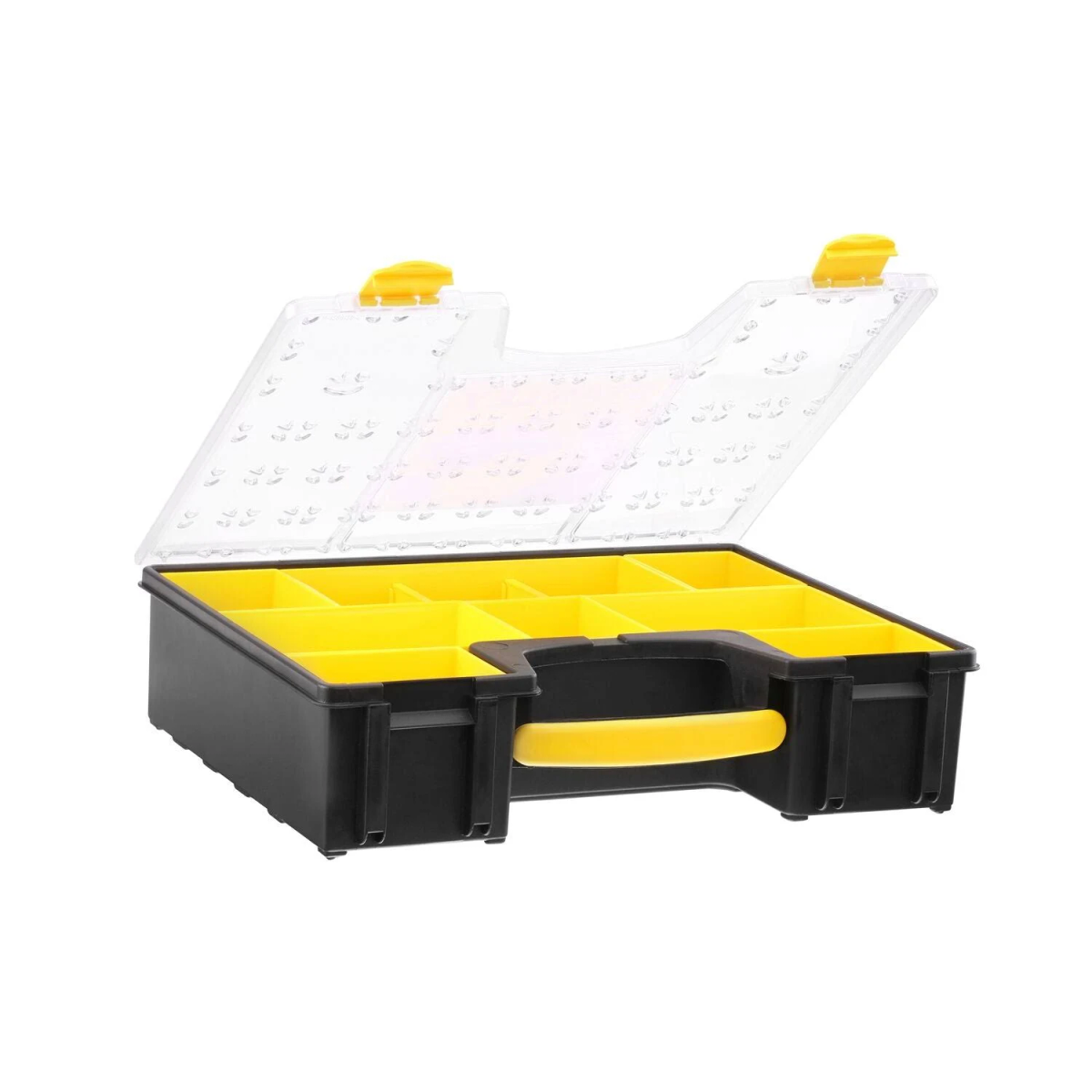 Caja de herramientas negra y amarilla, tapa transparente abierta, compartimentos visibles.