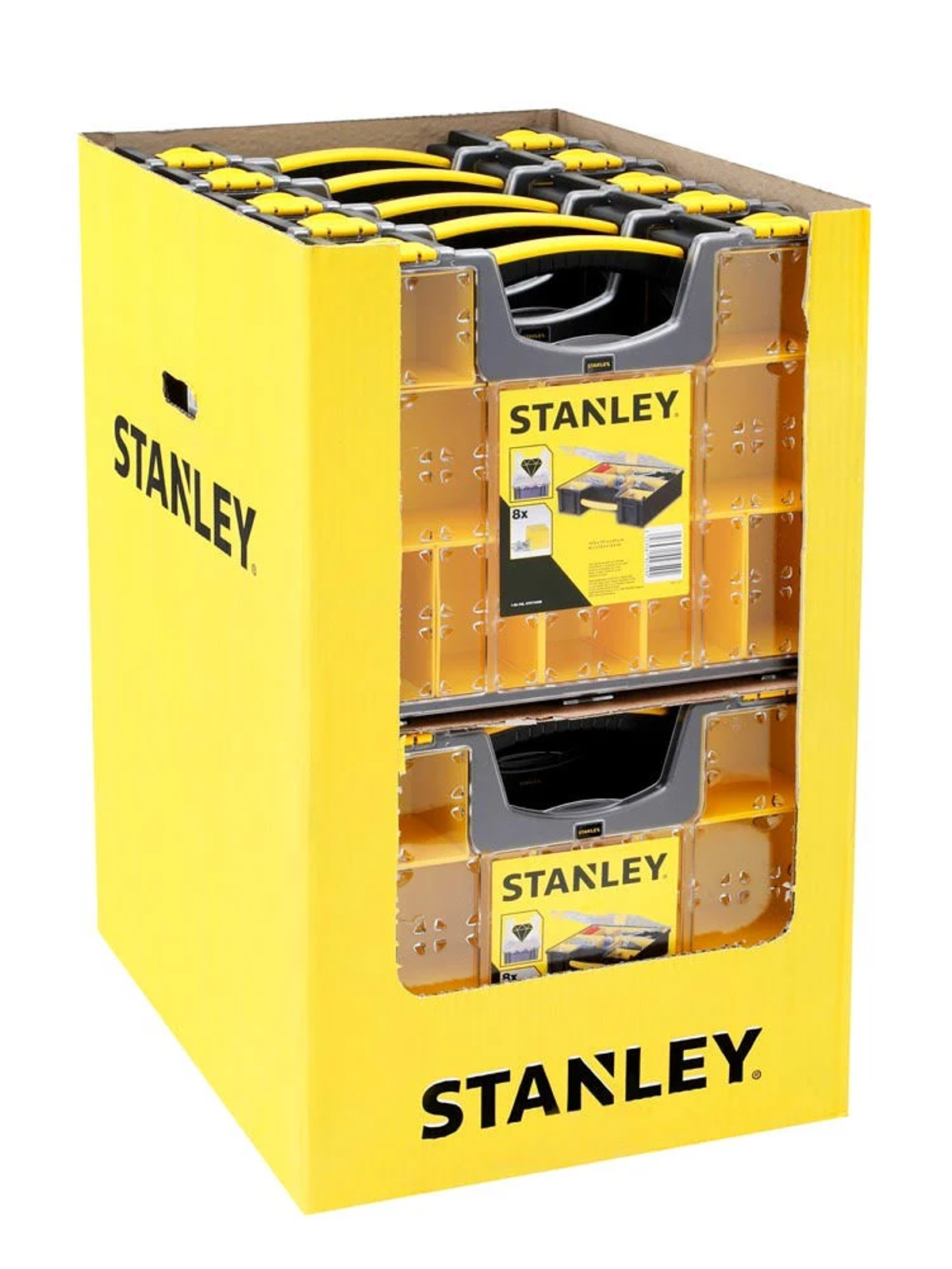 Cajas de herramientas Stanley amarillas apiladas en una exhibición, fondo blanco.
