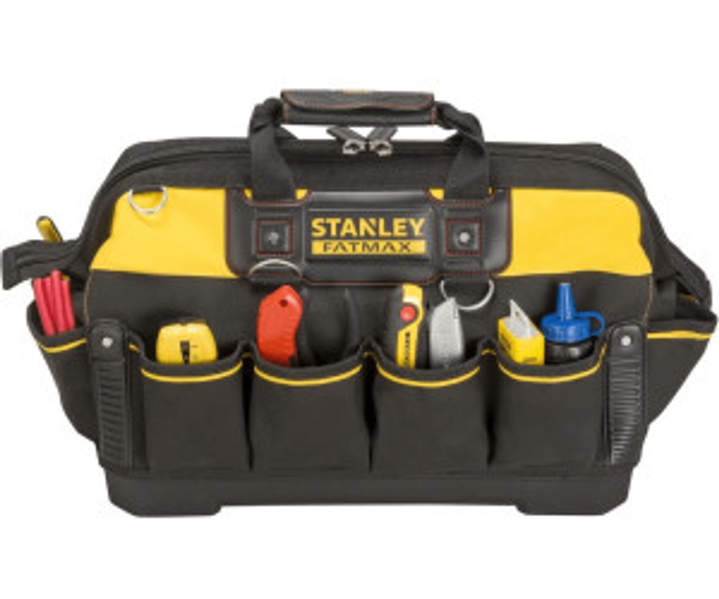Eine schwarz-gelbe Stanley FatMax Werkzeugtasche mit verschiedenen Werkzeugen.