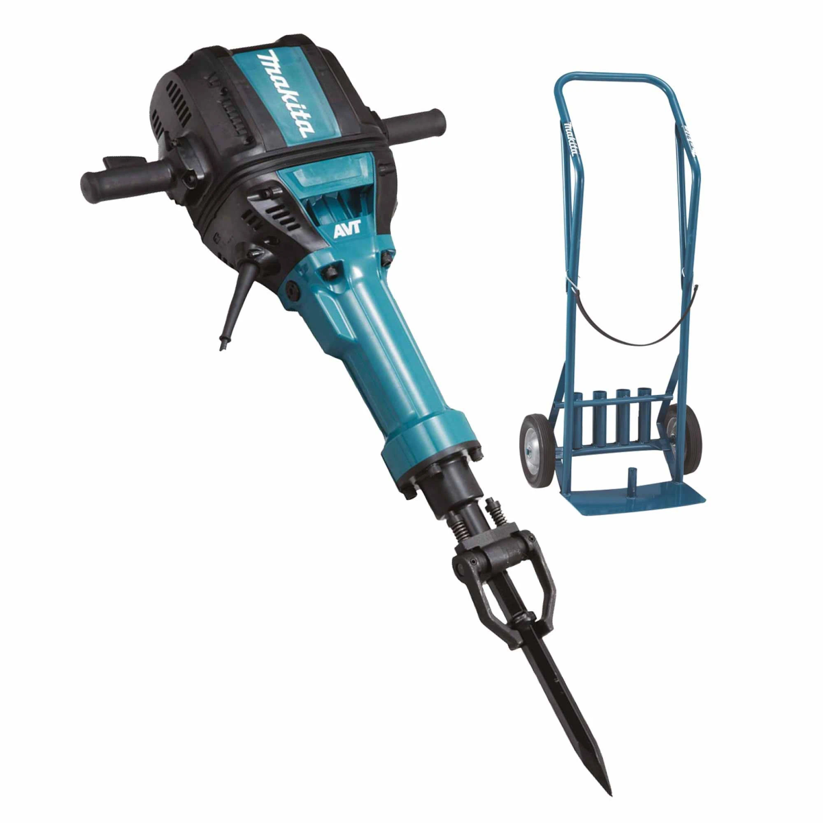 Un grande martello demolitore Makita turchese con un carrello blu su sfondo bianco.