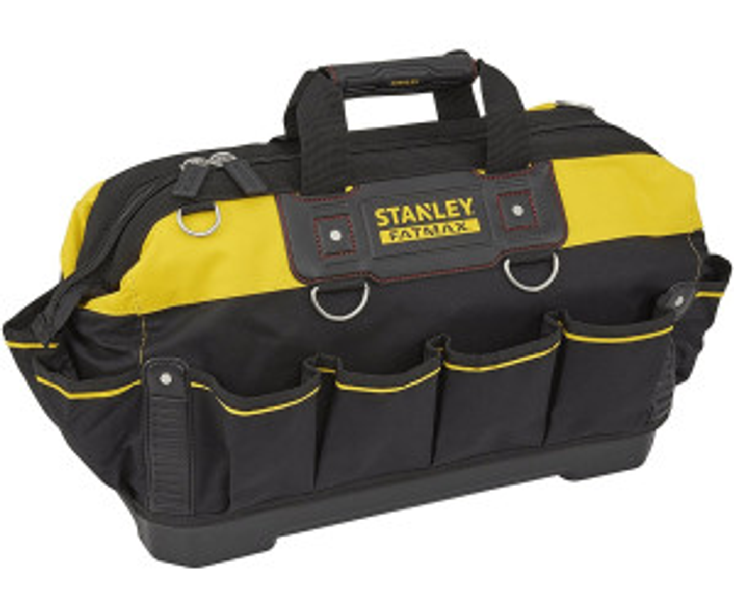 Eine schwarz-gelbe Stanley Fatmax Werkzeugtasche mit Taschen und Griff, auf weißem Hintergrund.