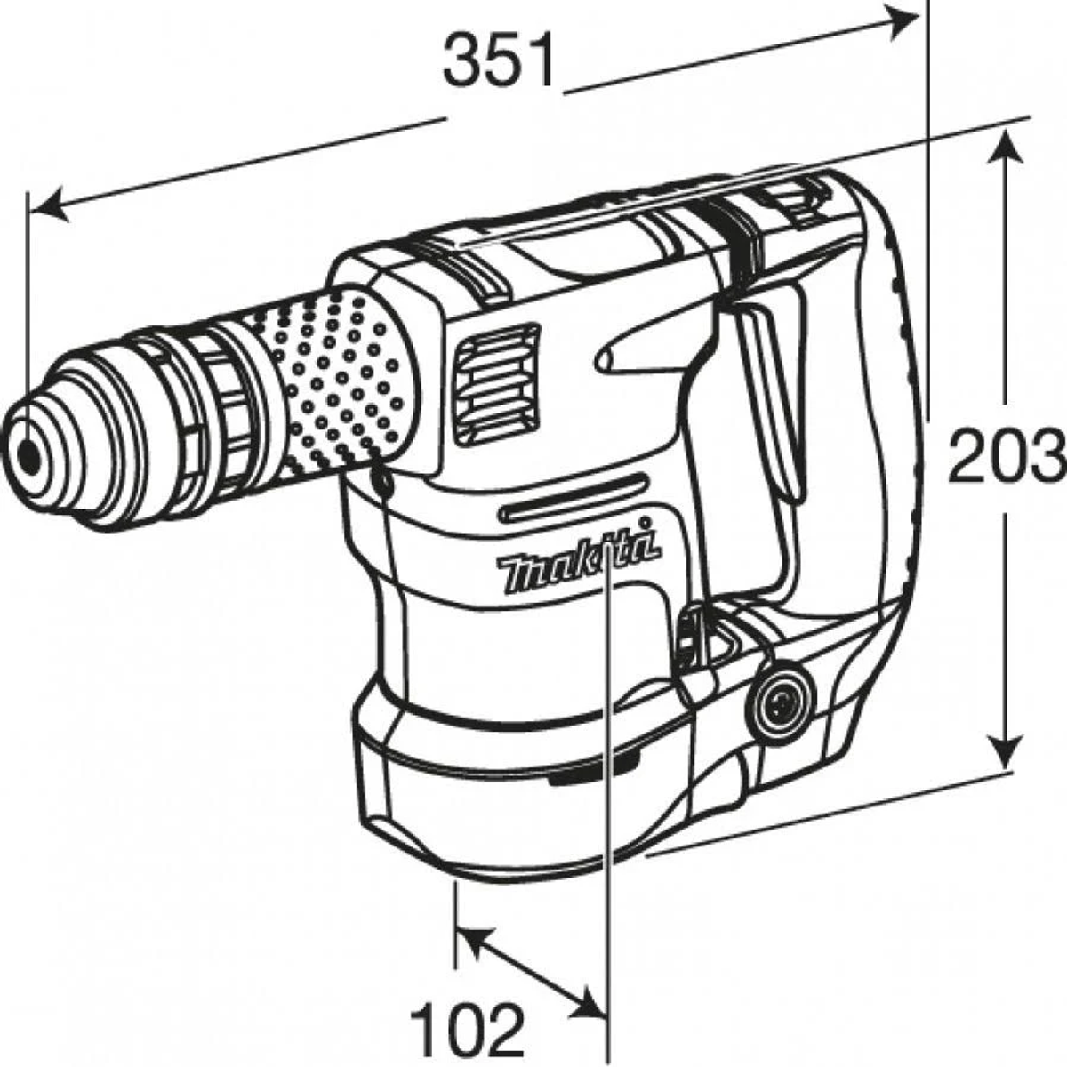 Un disegno a linea mostra le dimensioni di un martello perforatore Makita: 351 mm di lunghezza, 203 mm di altezza e 102 mm di larghezza.
