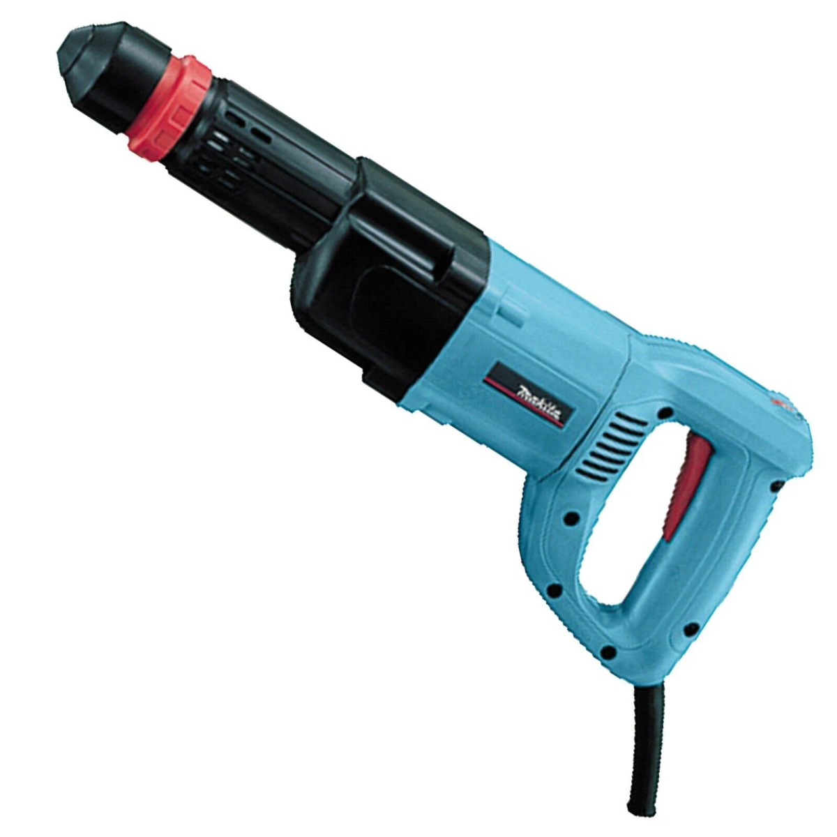 Trapano Makita blu e nero con manico rosso. Scatto angolato.
