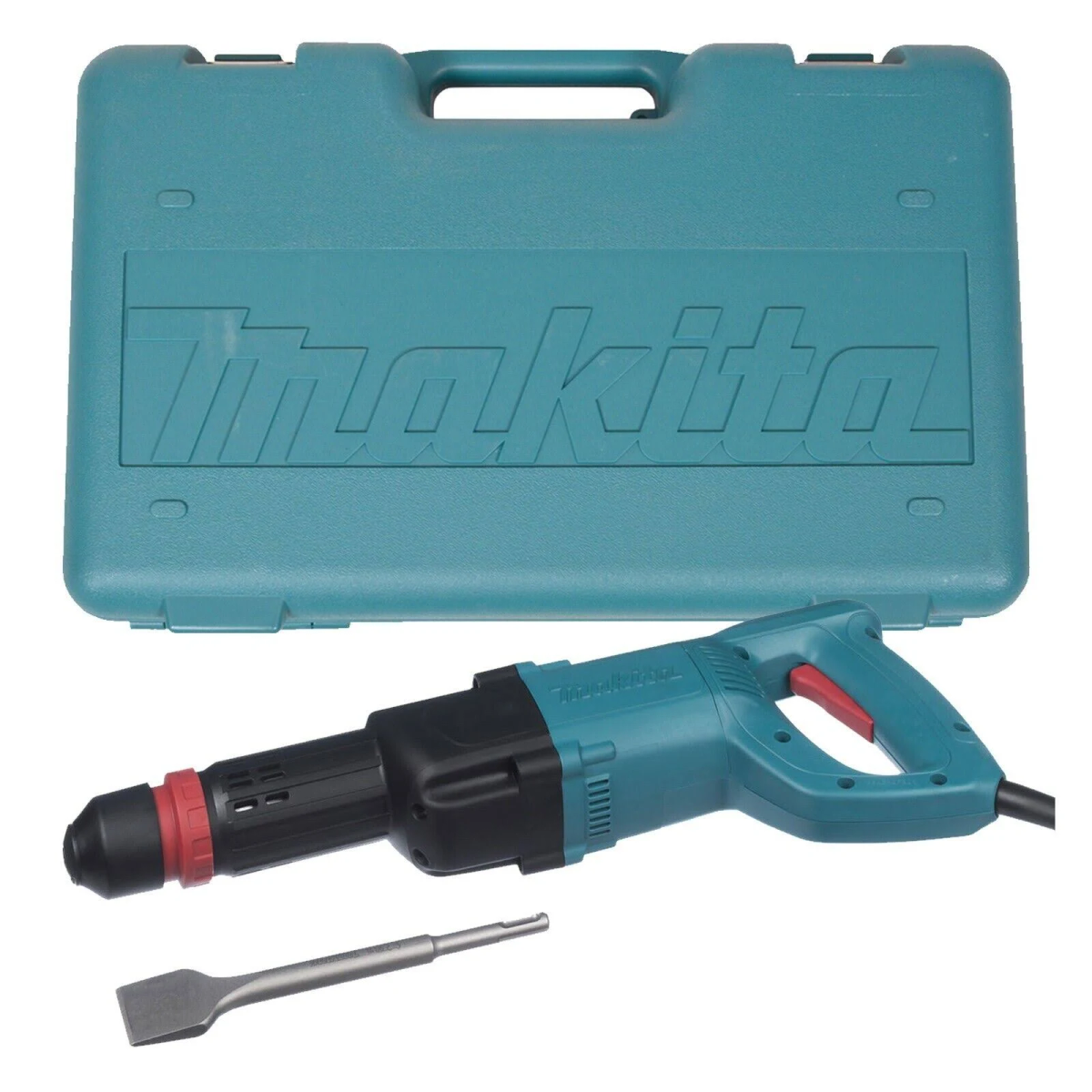 Martello perforatore e valigetta Makita color turchese. Il martello perforatore è su sfondo bianco con uno scalpello.