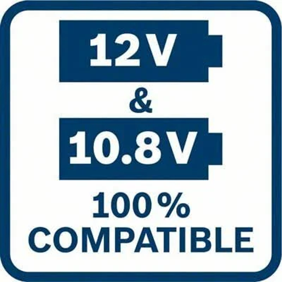 Un letrero azul y blanco con texto: 12V & 10.8V, 100% COMPATIBLE, sobre un fondo blanco.