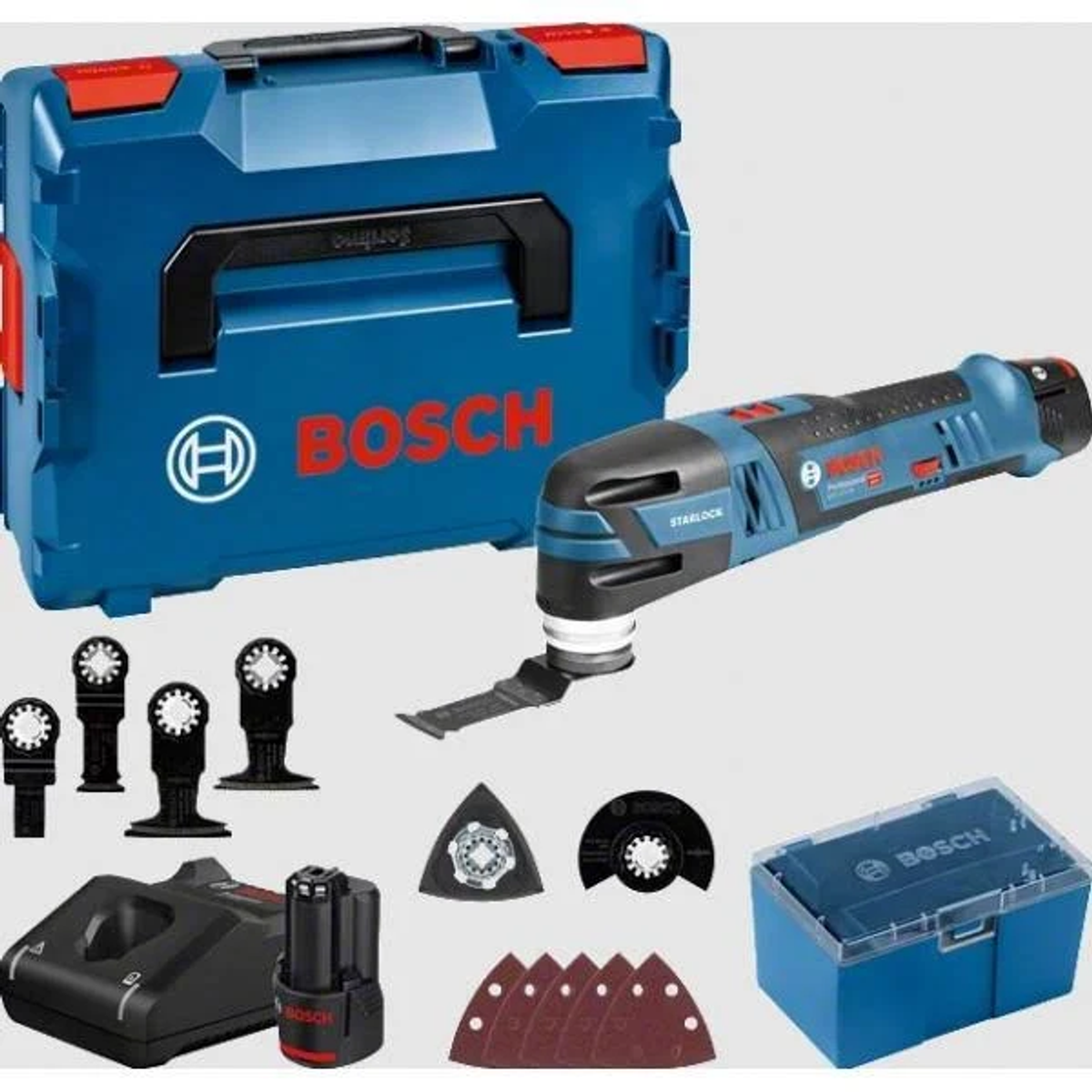 Un juego de herramientas Bosch azul incluye una multiherramienta oscilante, accesorios, un cargador y una batería.