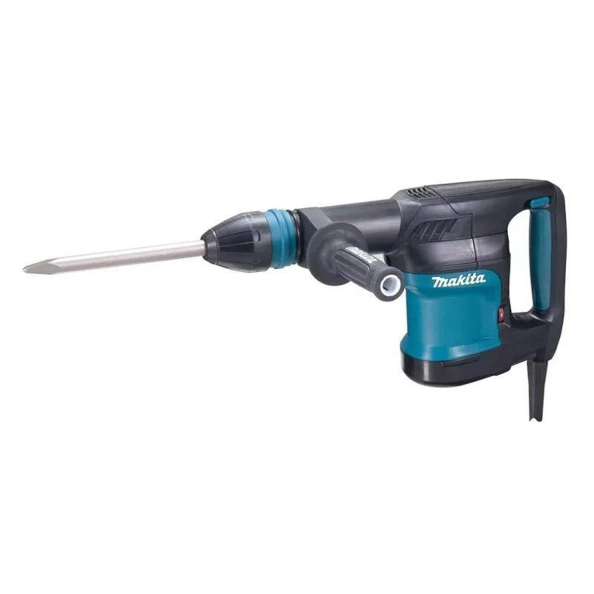 Un martillo rotativo Makita negro y turquesa con una broca larga.