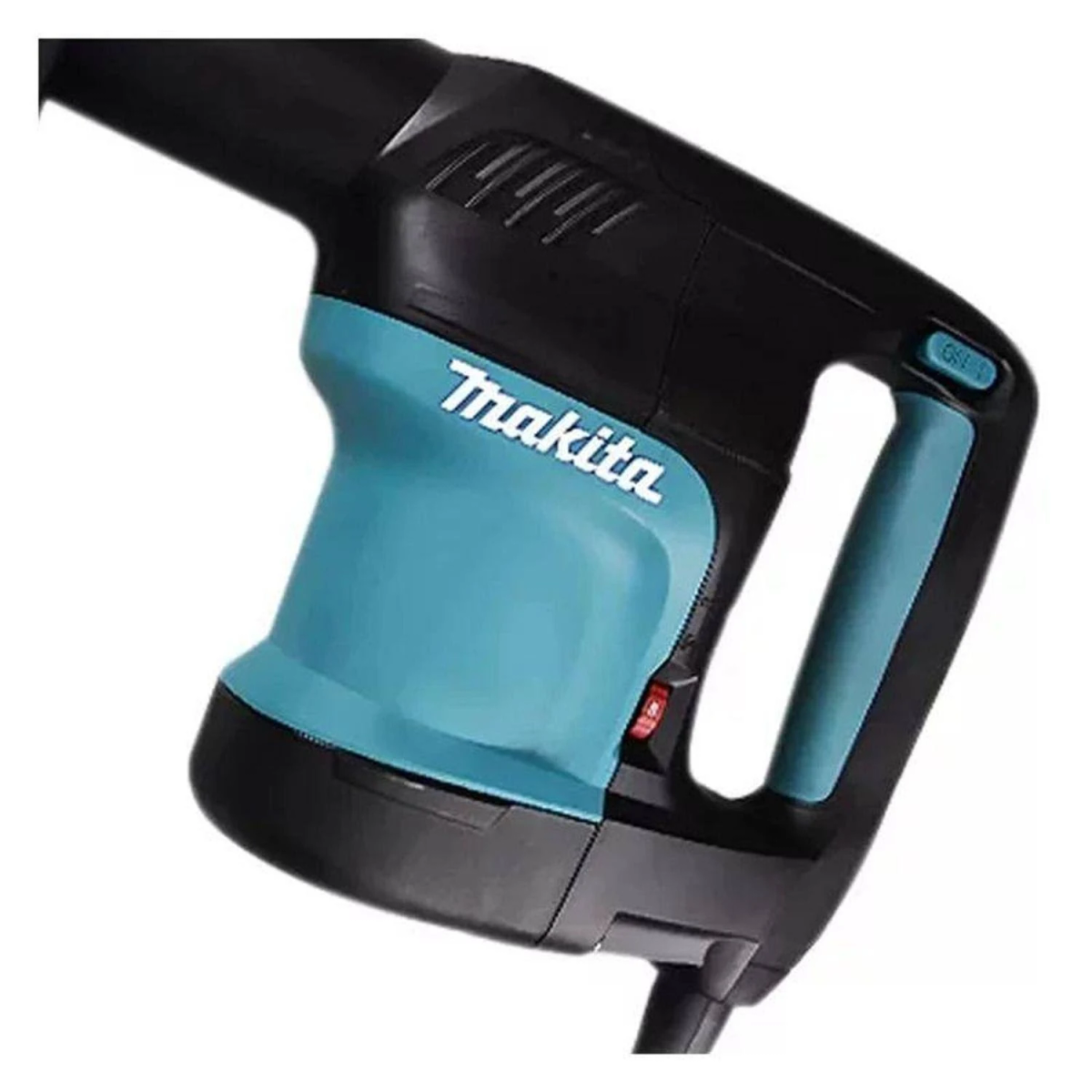 Martillo demoledor Makita negro y turquesa. Con el logotipo de Makita y un asa negra.