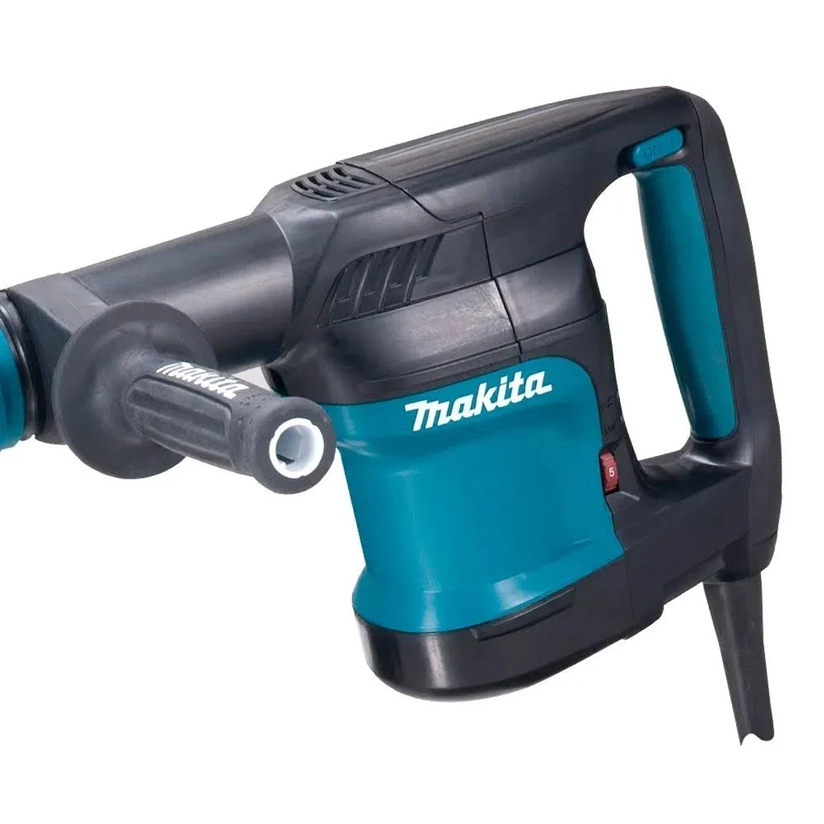 Taladro percutor rotativo Makita azul verdoso y negro, vista en ángulo, sobre fondo blanco.